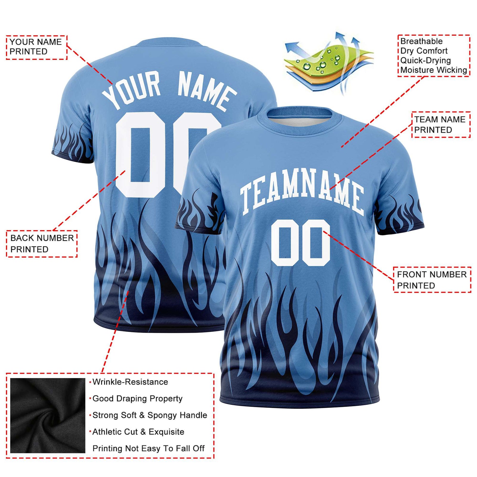 Custom Powder Blue Black 3D Pattern Design Flame Performance T-Shirt