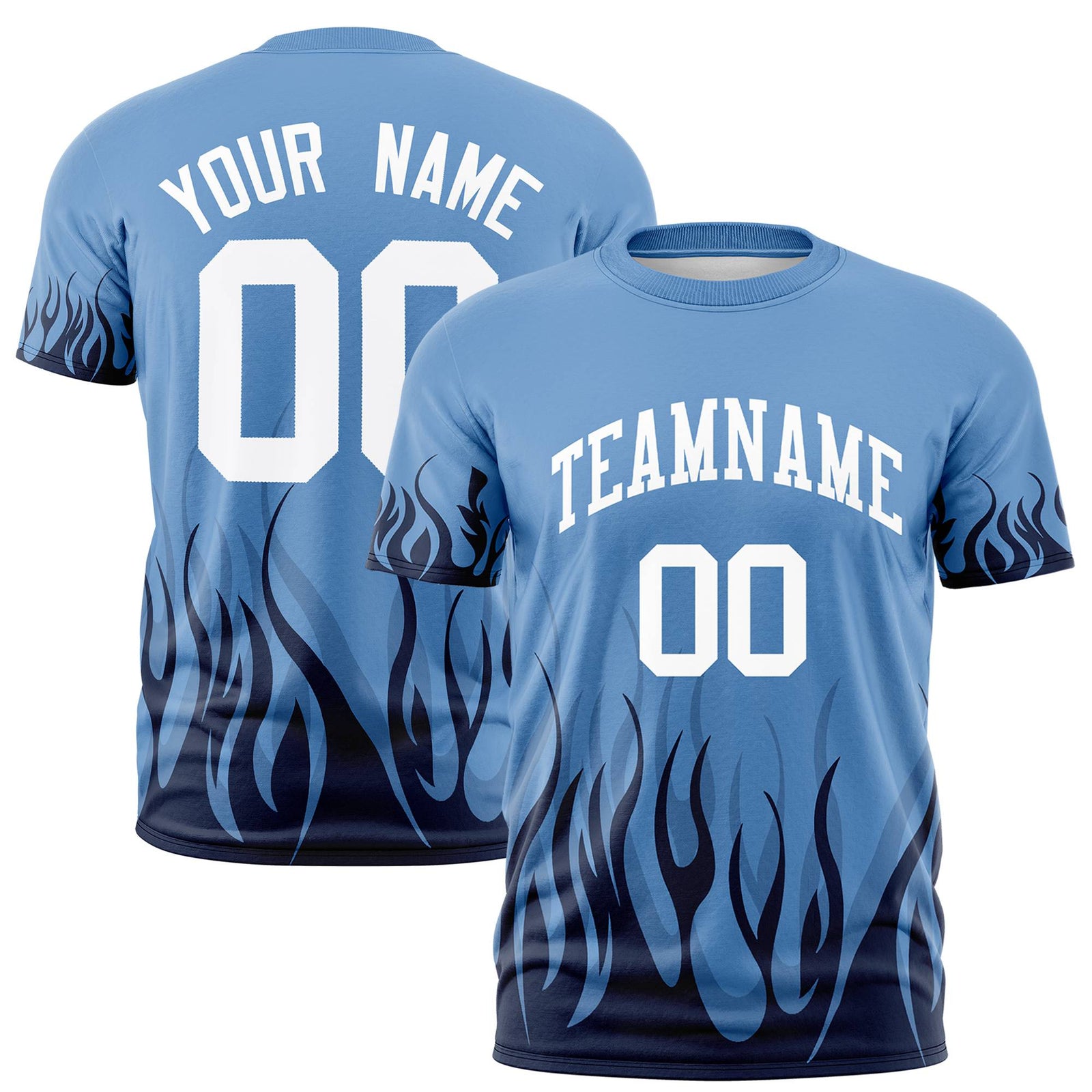 Custom Powder Blue Black 3D Pattern Design Flame Performance T-Shirt