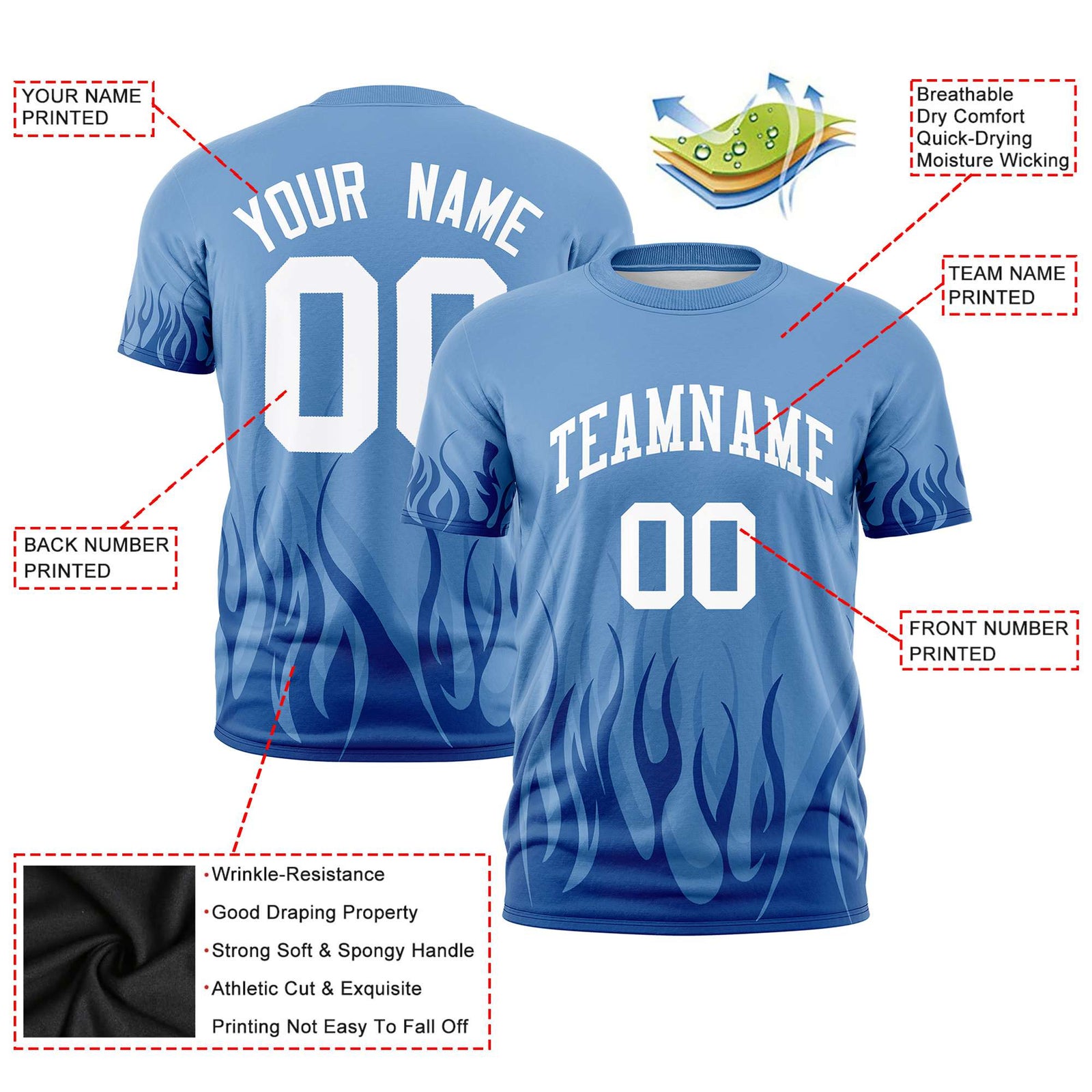 Custom Powder Blue Royal Blue 3D Pattern Design Flame Performance T-Shirt