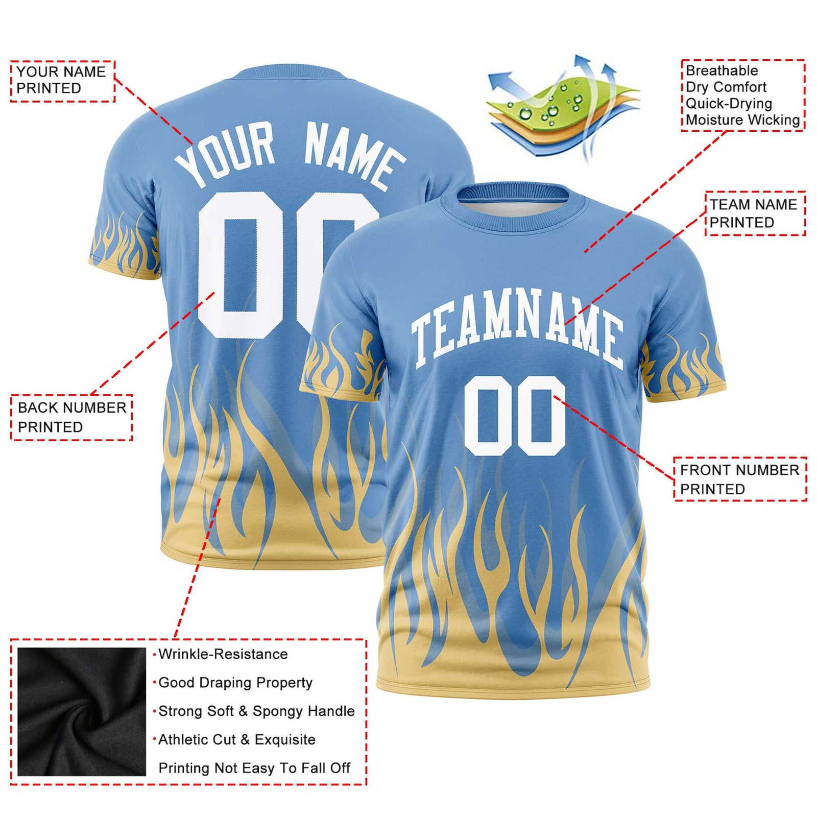 Custom Powder Blue Khaki 3D Pattern Design Flame Performance T-Shirt
