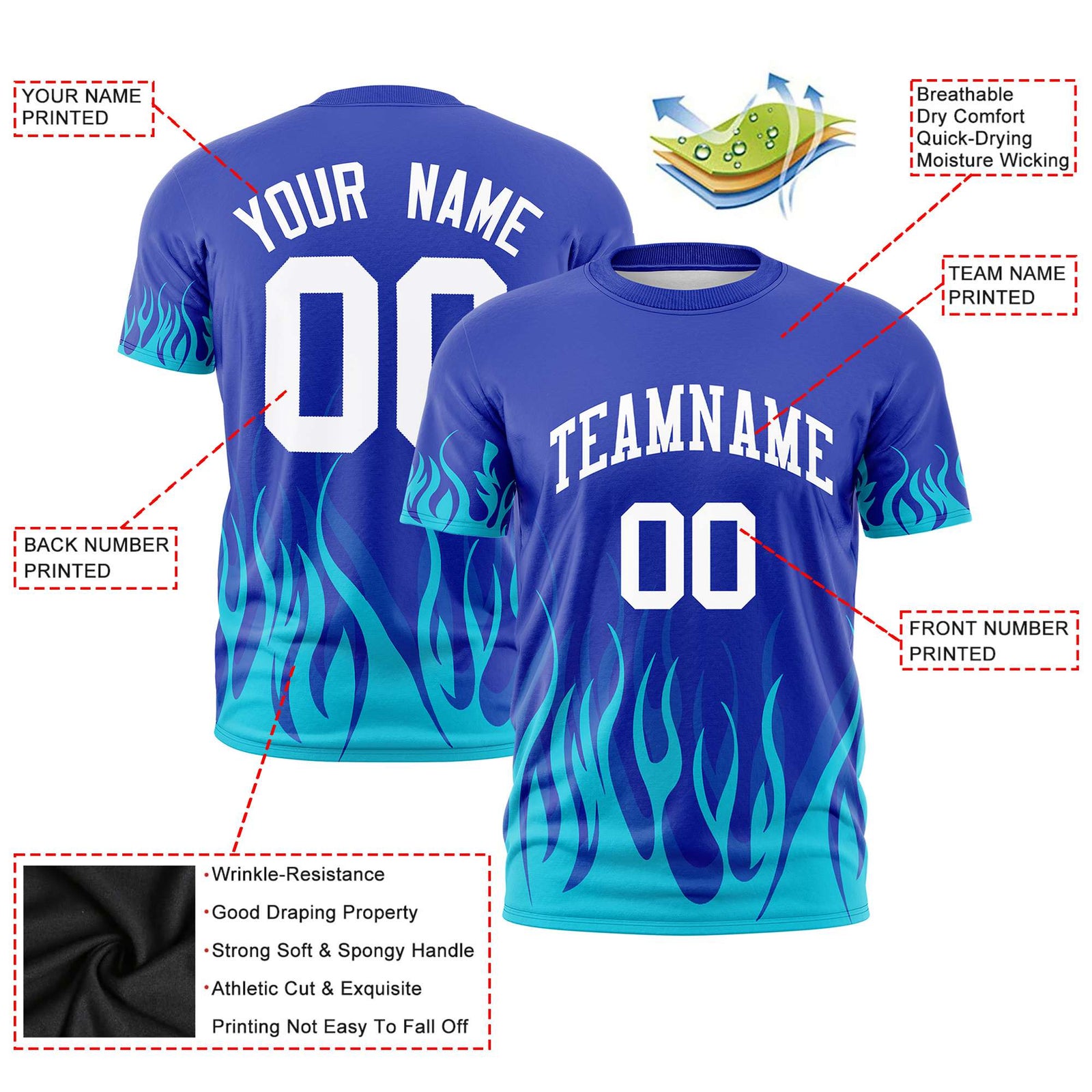 Custom Royal Blue Sky Blue 3D Pattern Design Flame Performance T-Shirt