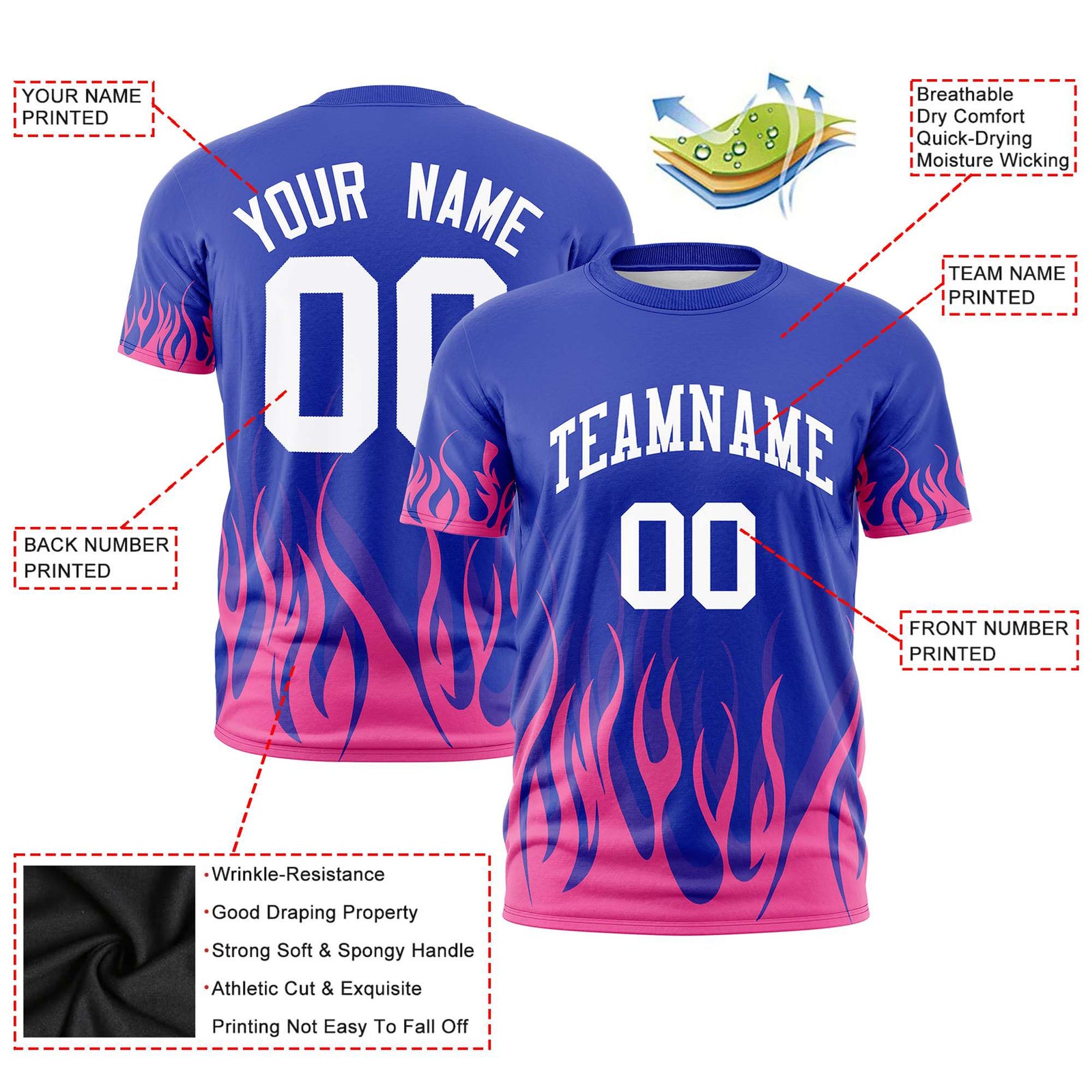 Custom Royal Blue Pink 3D Pattern Design Flame Performance T-Shirt