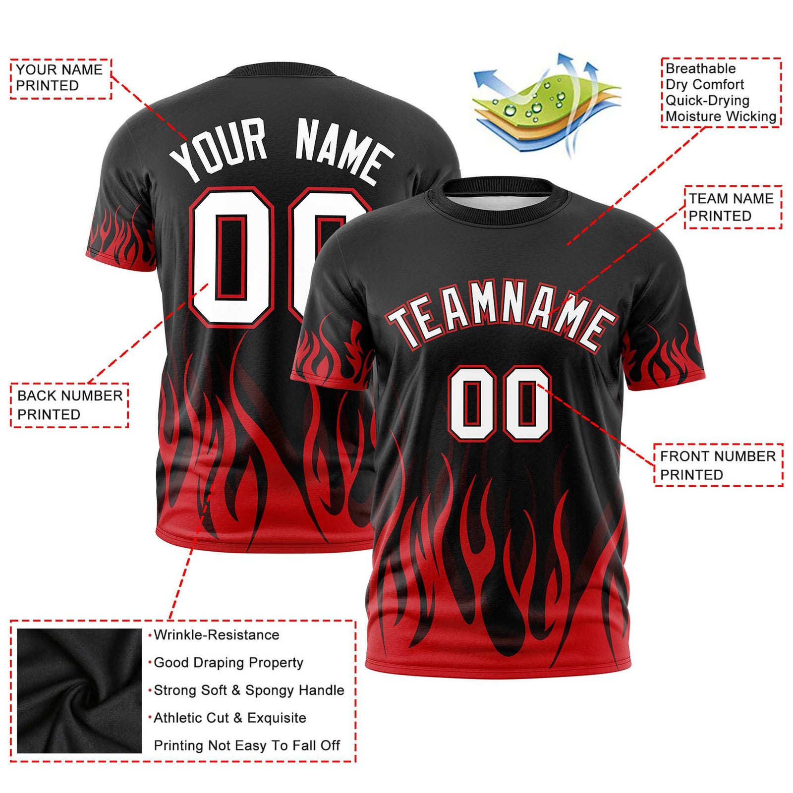 Custom Black Red 3D Pattern Design Flame Performance T-Shirt