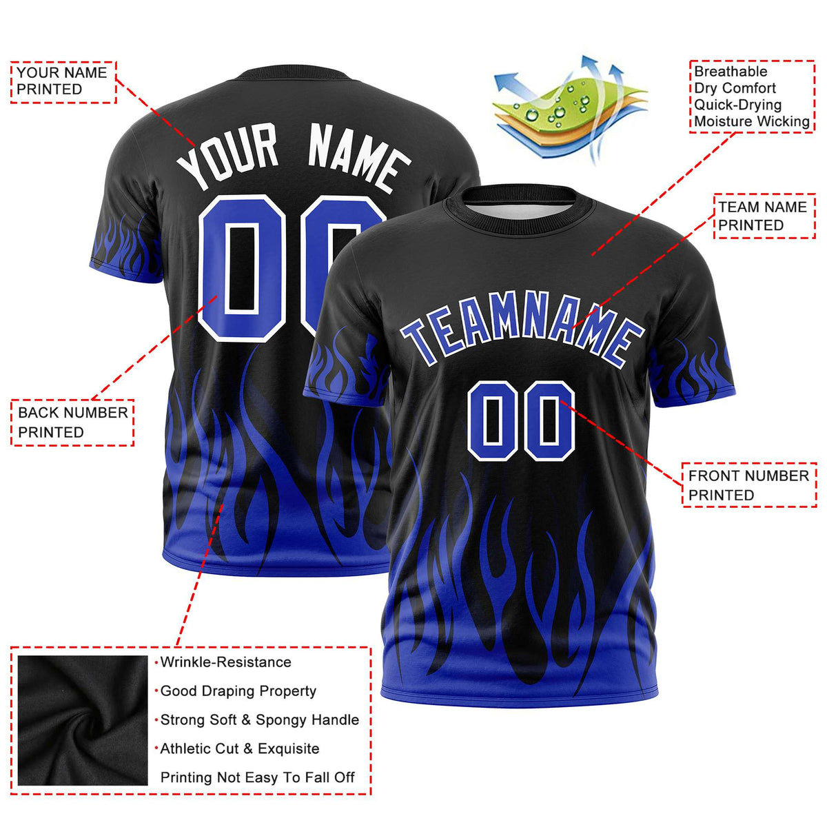 Custom Black Royal Blue 3D Pattern Design Flame Performance T-Shirt
