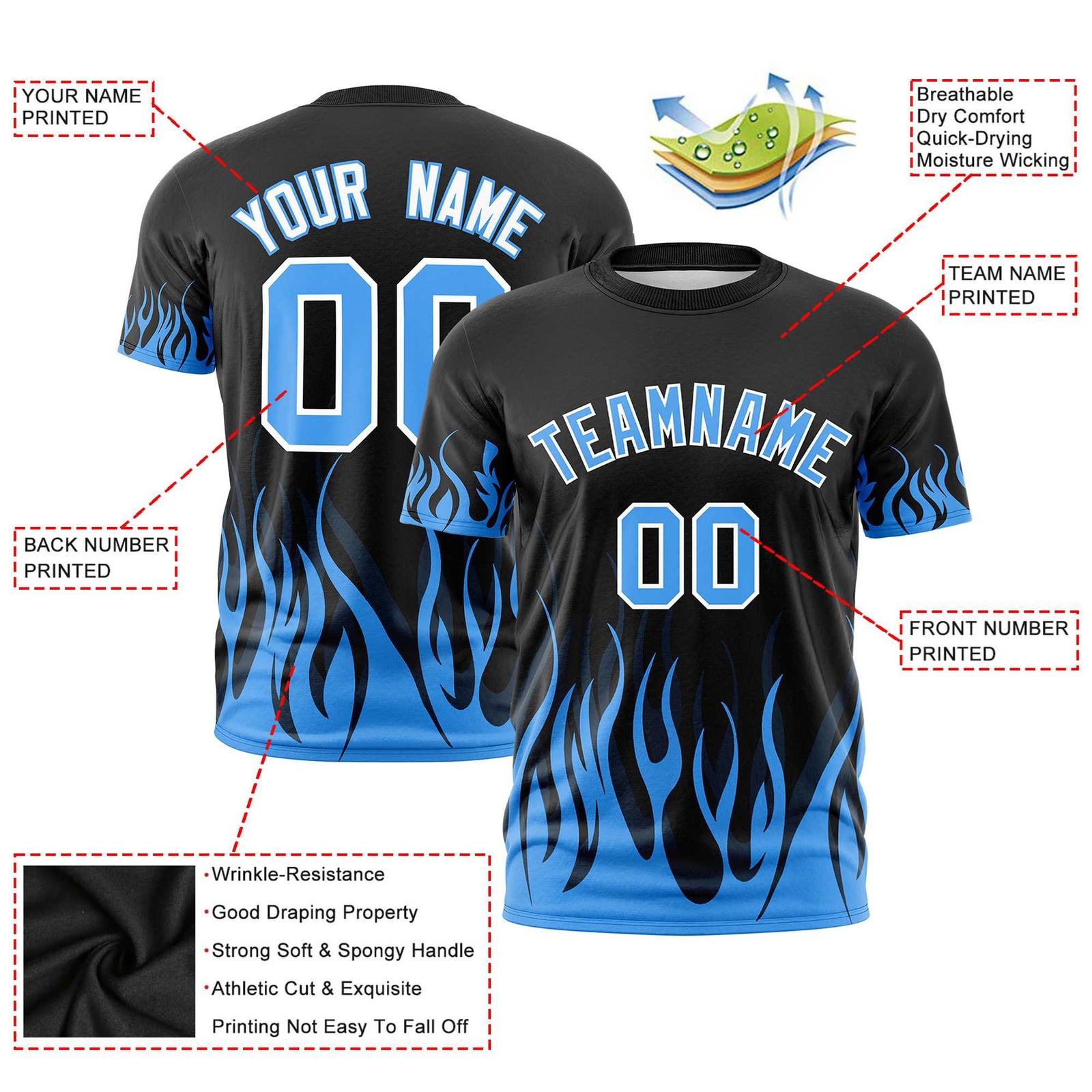 Custom Black Powder Blue 3D Pattern Design Flame Performance T-Shirt