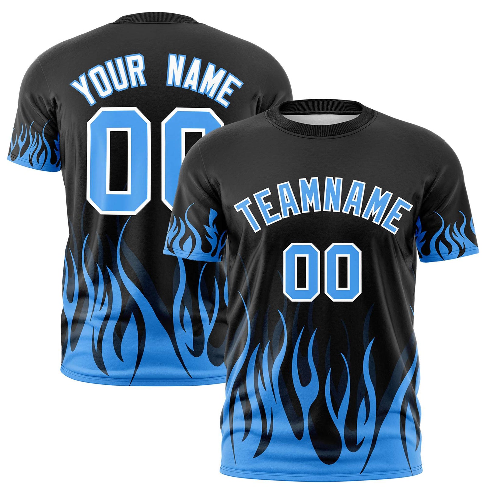 Custom Black Powder Blue 3D Pattern Design Flame Performance T-Shirt