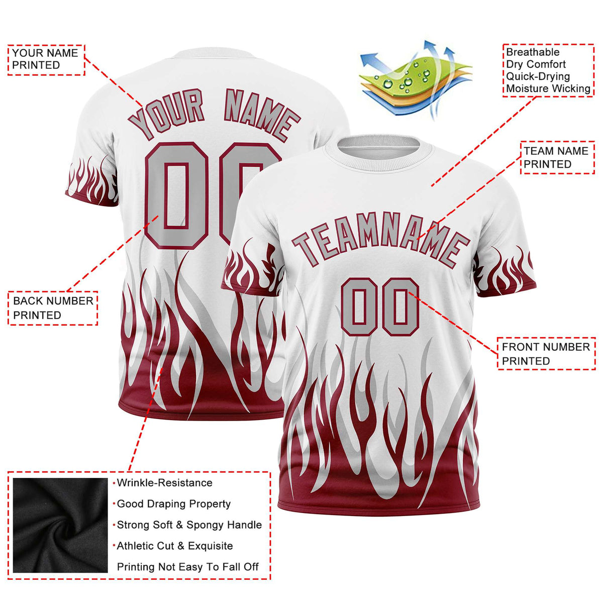 Custom White Crimson 3D Pattern Design Flame Performance T-Shirt
