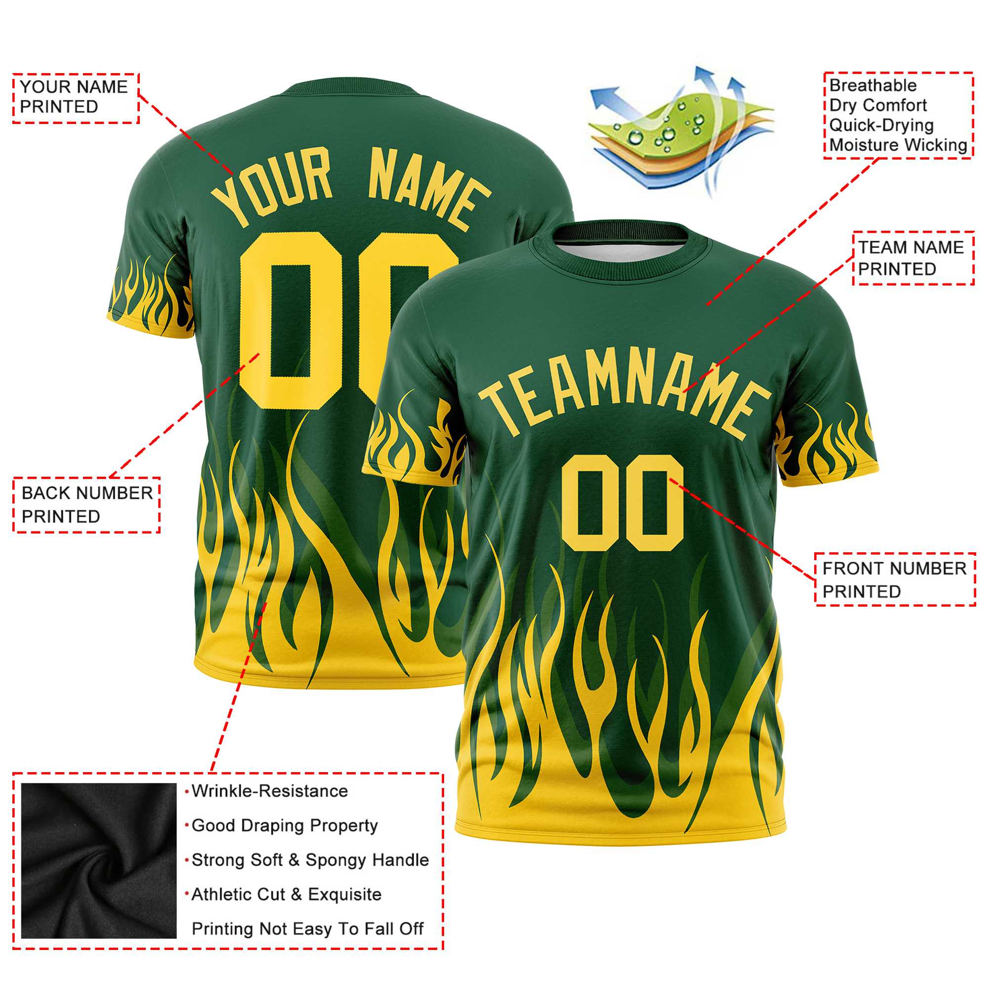 Custom Green Yellow 3D Pattern Design Flame Performance T-Shirt