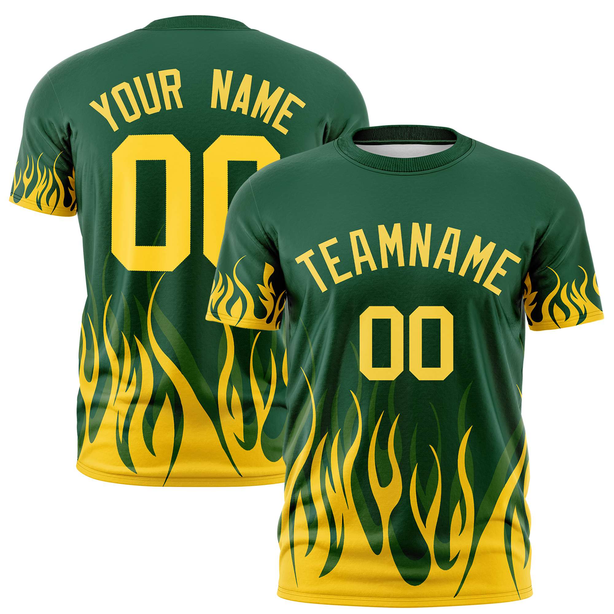 Custom Green Yellow 3D Pattern Design Flame Performance T-Shirt