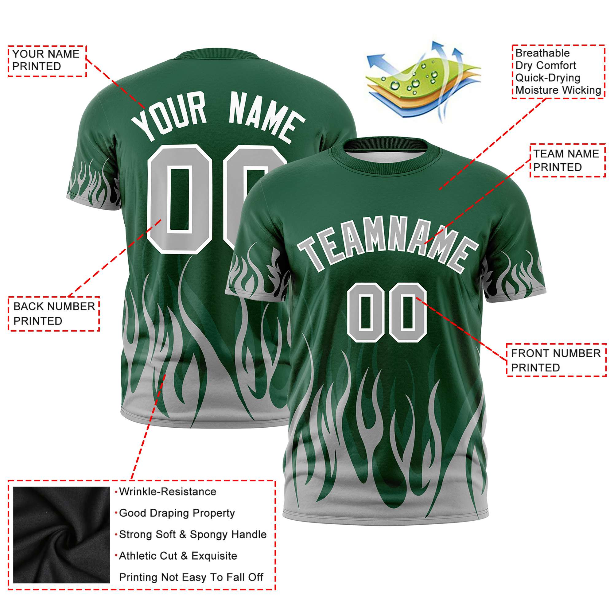 Custom Green Gray 3D Pattern Design Flame Performance T-Shirt