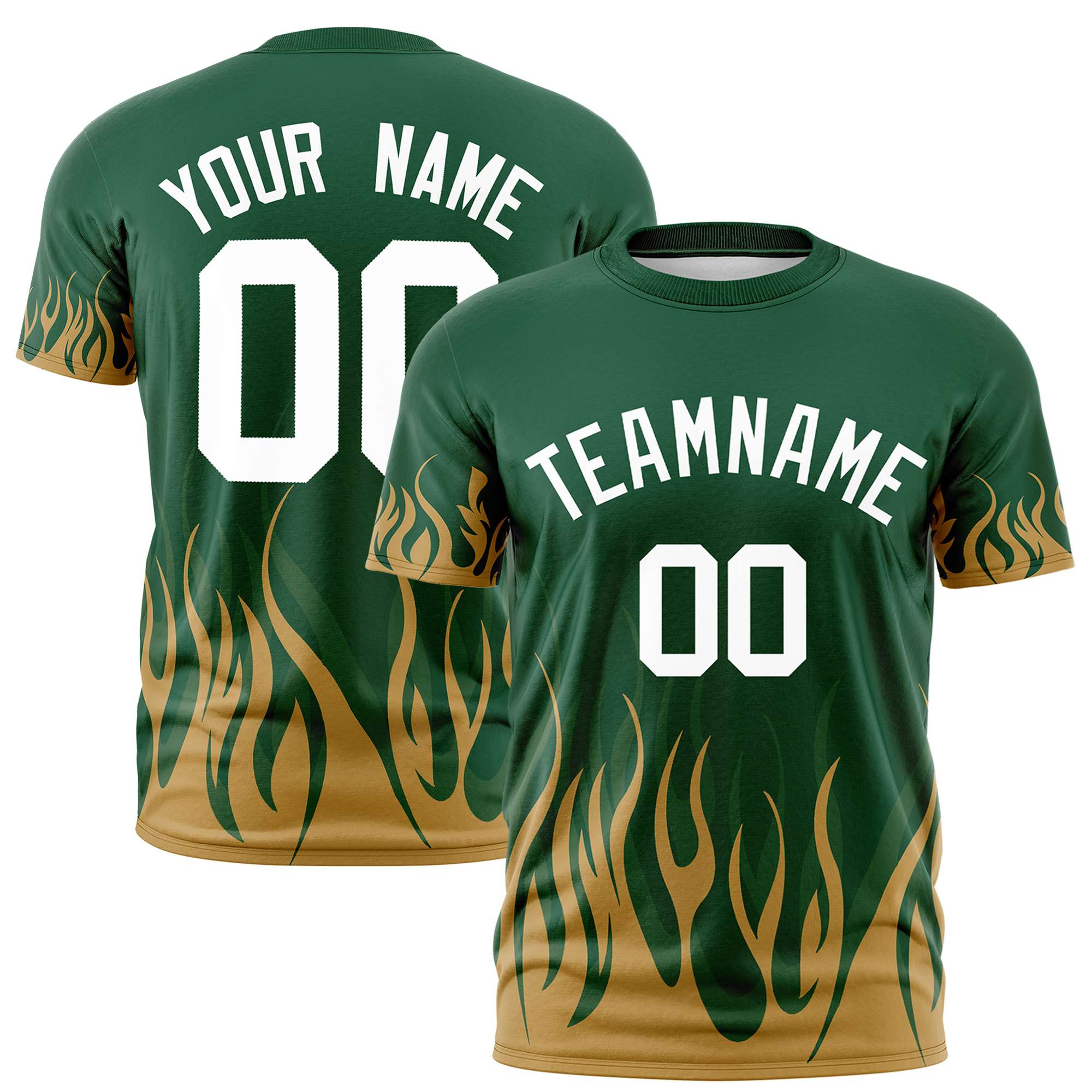 Custom Green Old Gold 3D Pattern Design Flame Performance T-Shirt