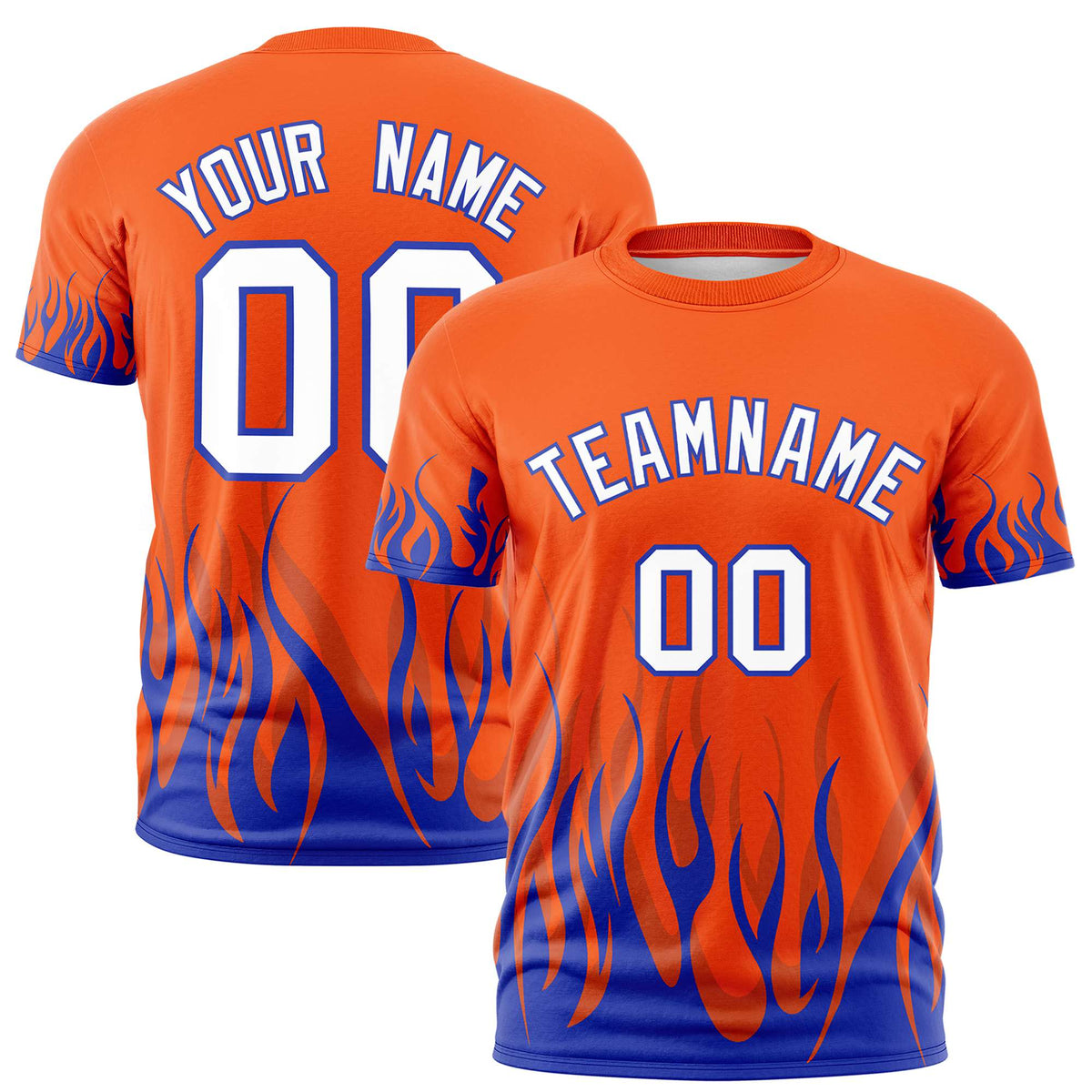 Custom Orange Royal Blue 3D Pattern Design Flame Performance T-Shirt