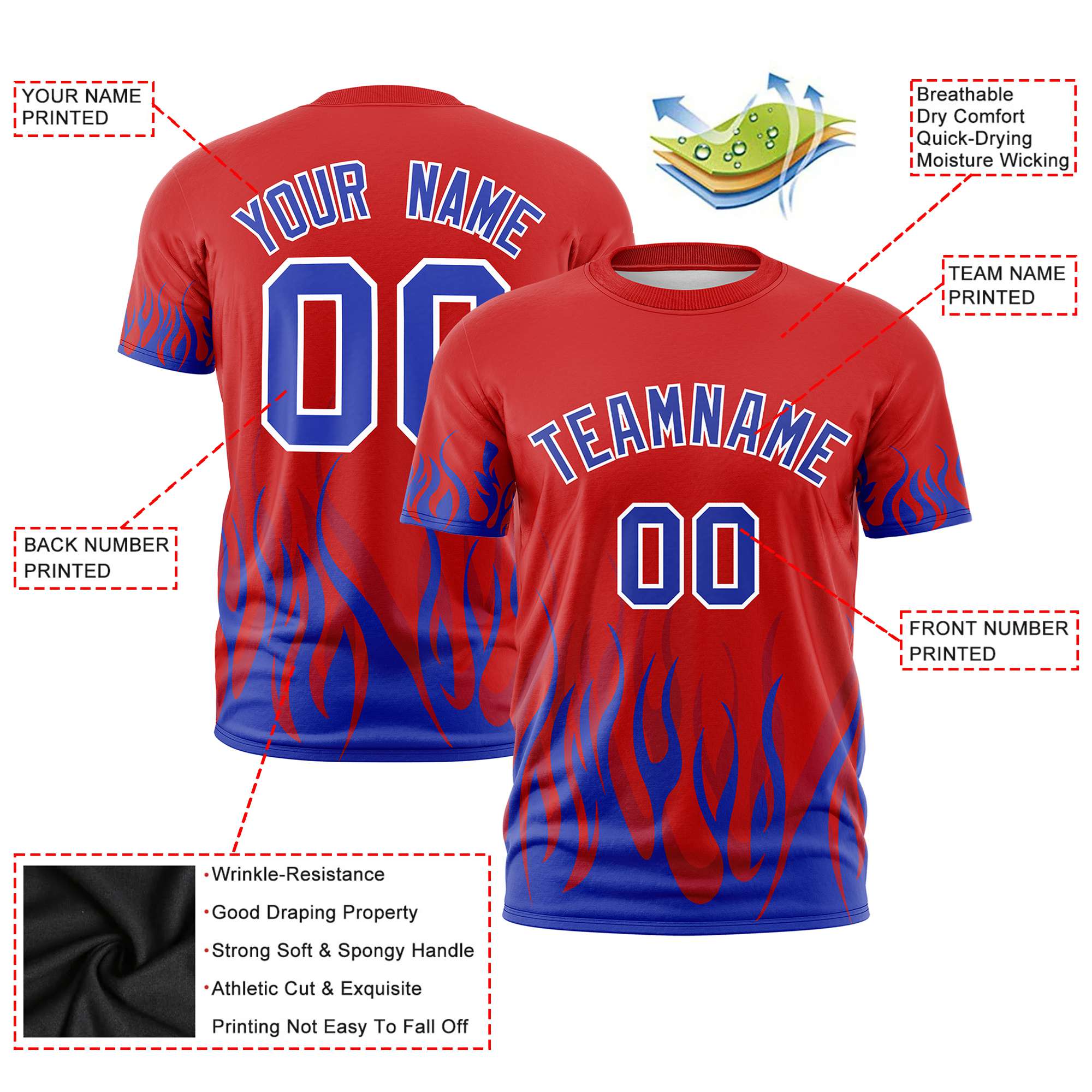 Custom Red Royal Blue 3D Pattern Design Flame Performance T-Shirt