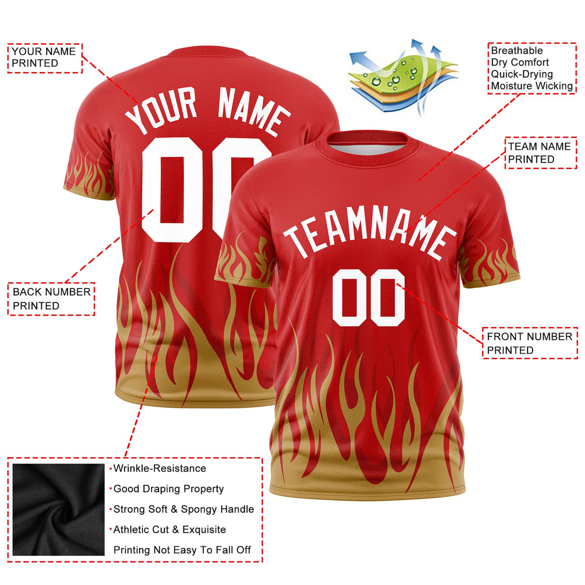 Custom Red Old Gold 3D Pattern Design Flame Performance T-Shirt