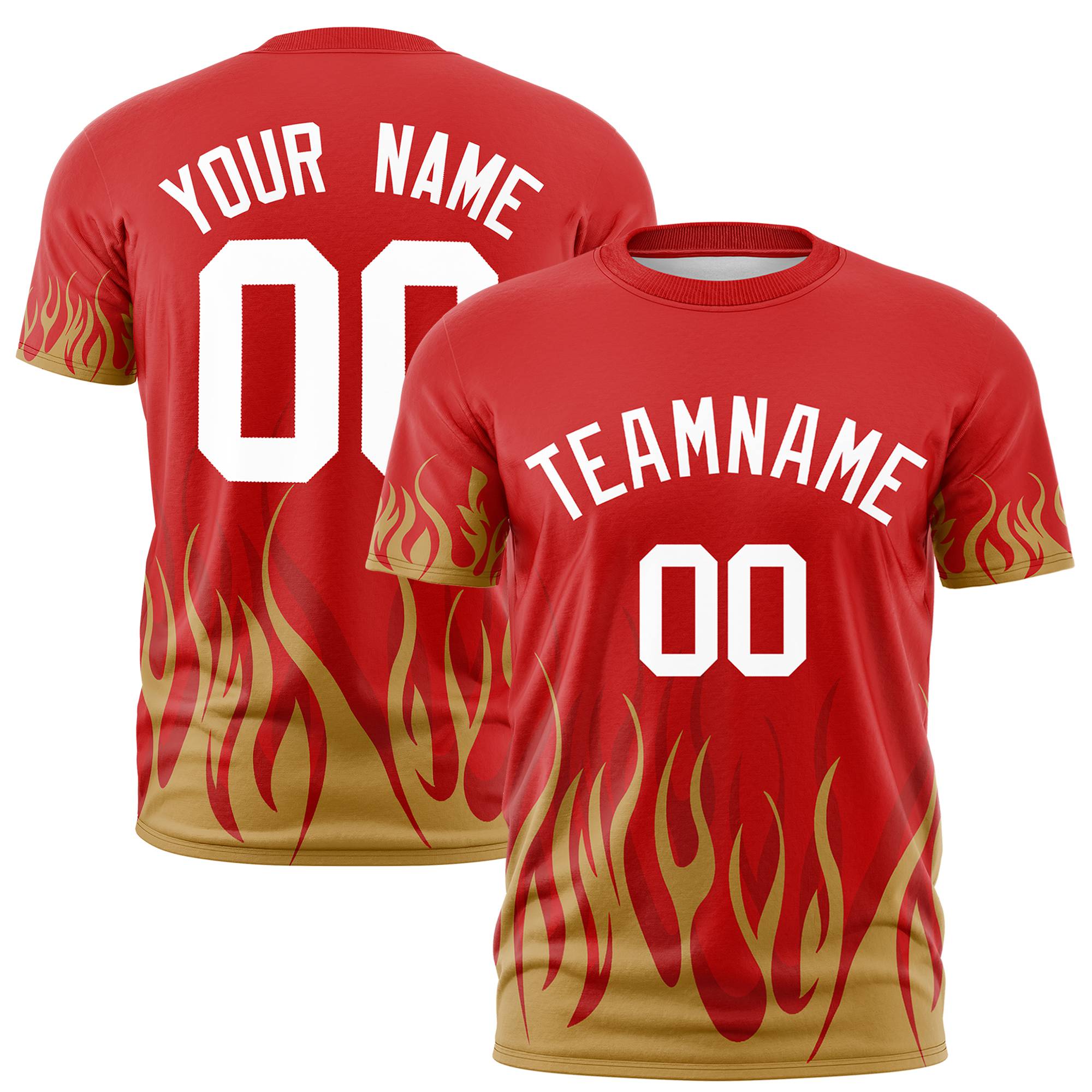 Custom Red Old Gold 3D Pattern Design Flame Performance T-Shirt