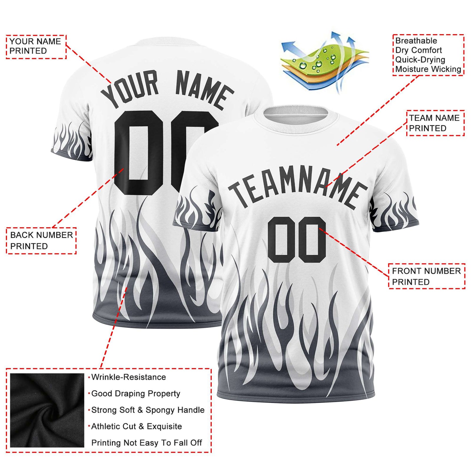 Custom White Gray 3D Pattern Design Flame Performance T-Shirt