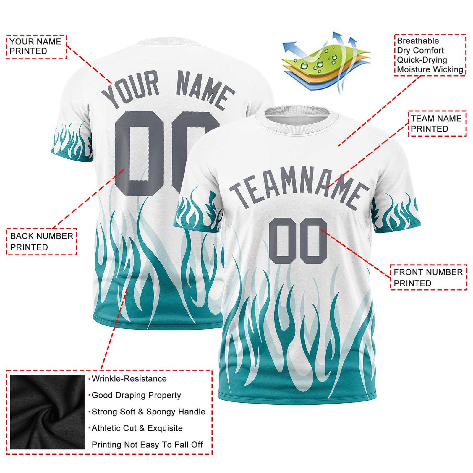 Custom White Aqua 3D Pattern Design Flame Performance T-Shirt