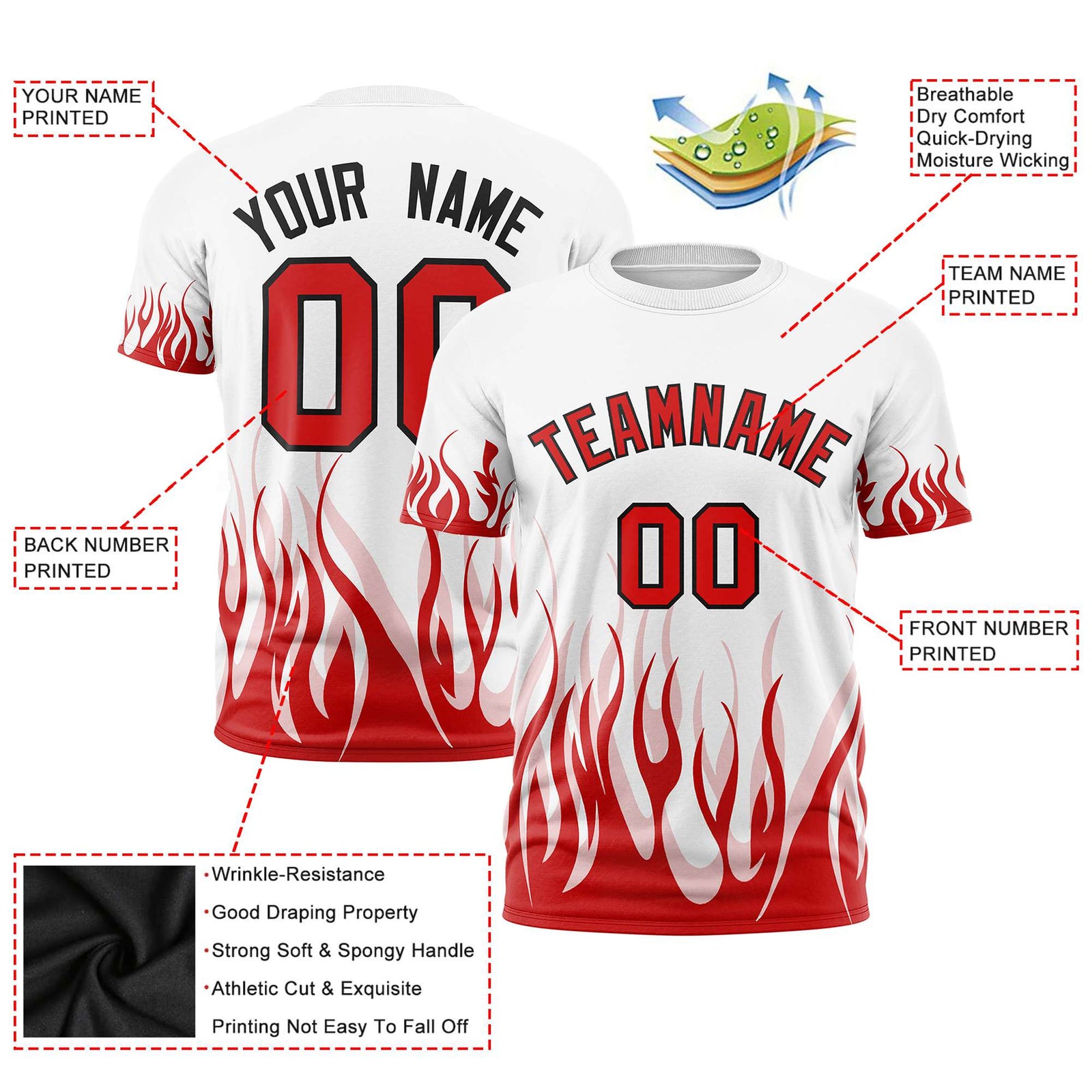 Custom White Red 3D Pattern Design Flame Performance T-Shirt