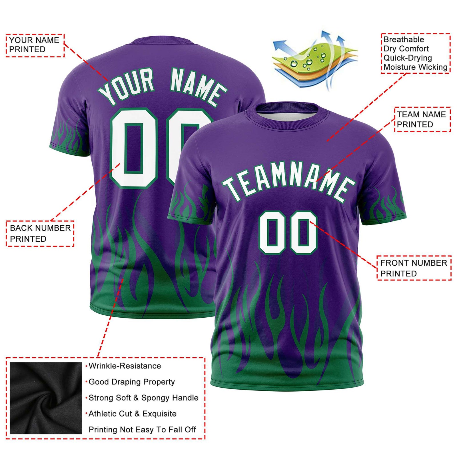 Custom Purple Teal 3D Pattern Design Flame Performance T-Shirt