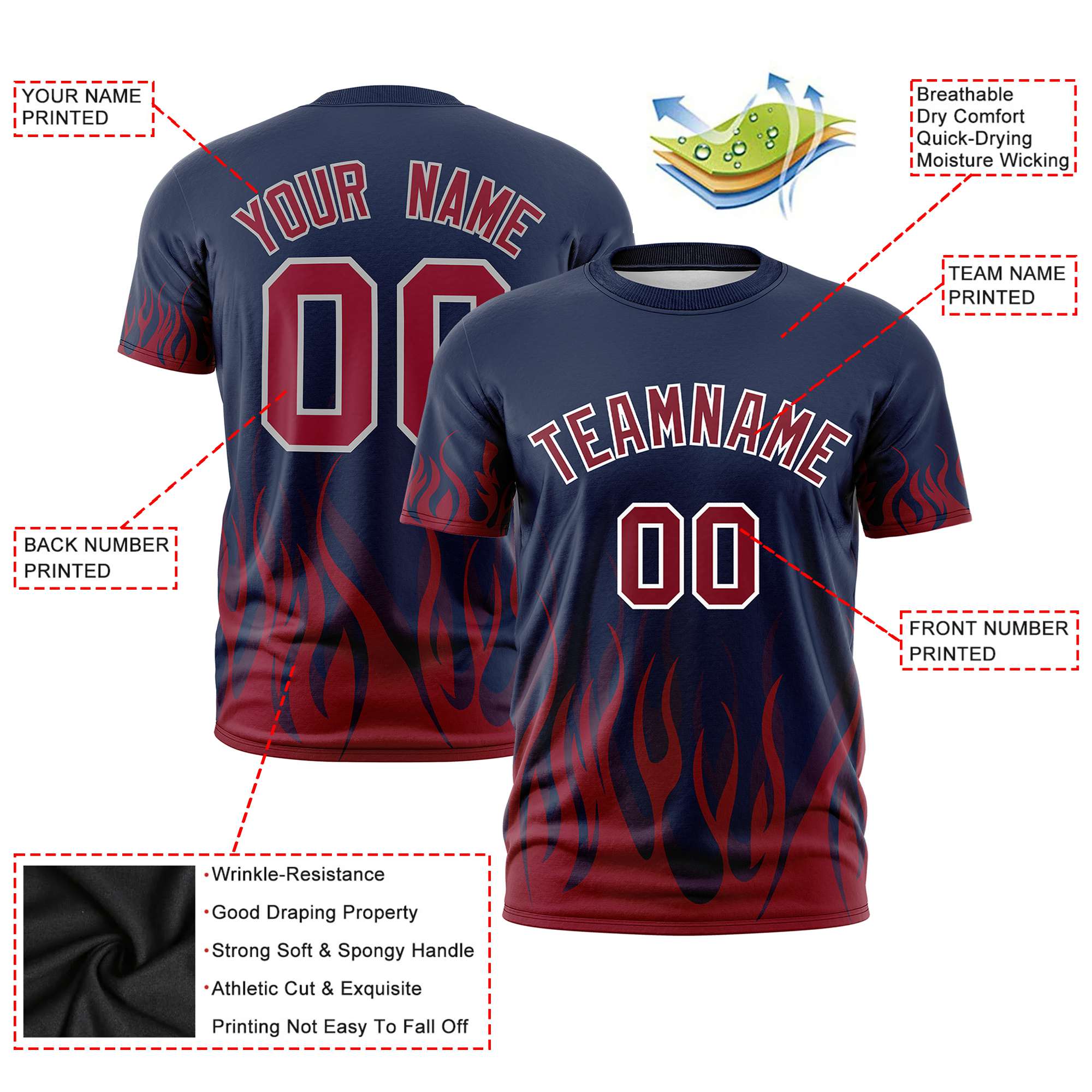 Custom Navy Crimson 3D Pattern Design Flame Performance T-Shirt