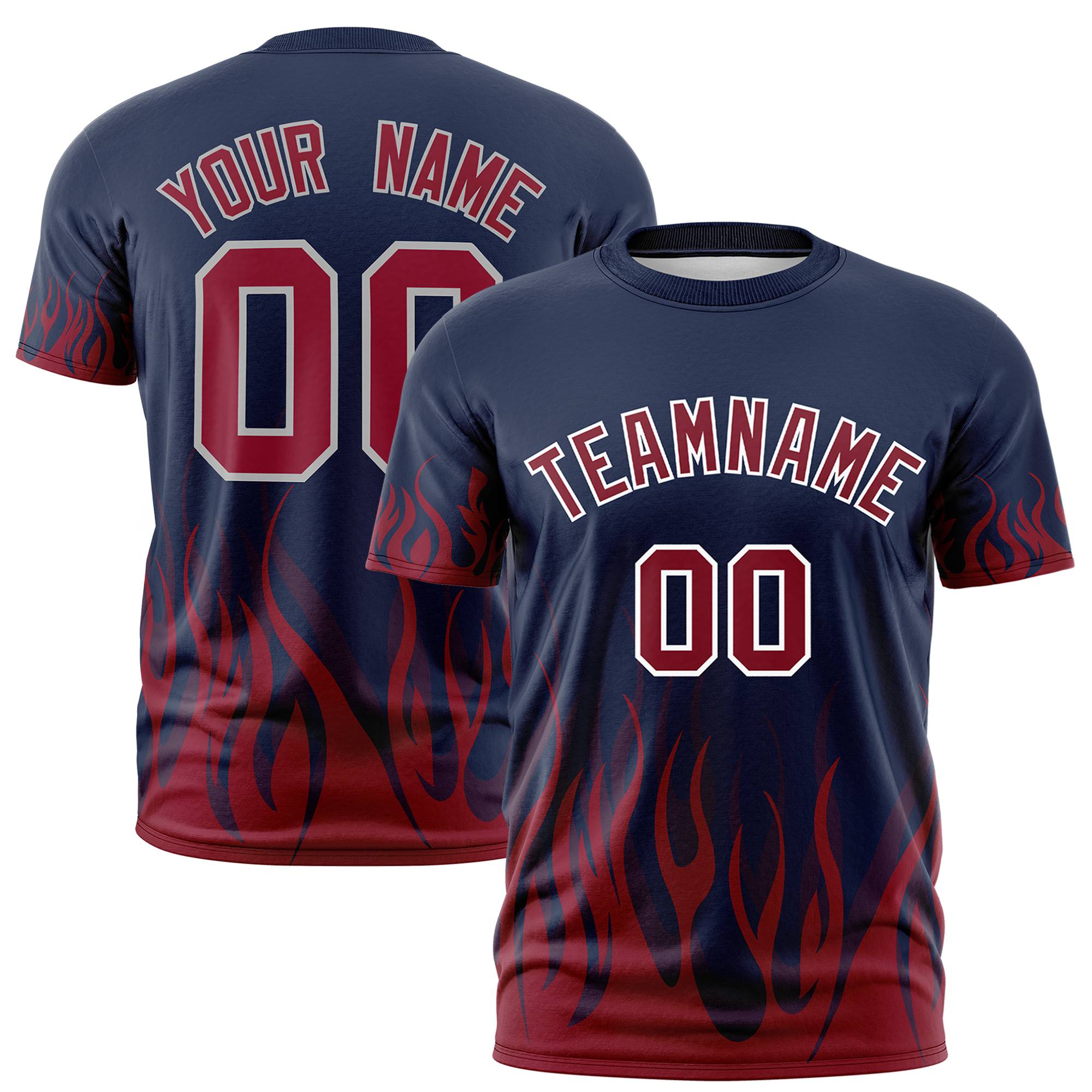 Custom Navy Crimson 3D Pattern Design Flame Performance T-Shirt