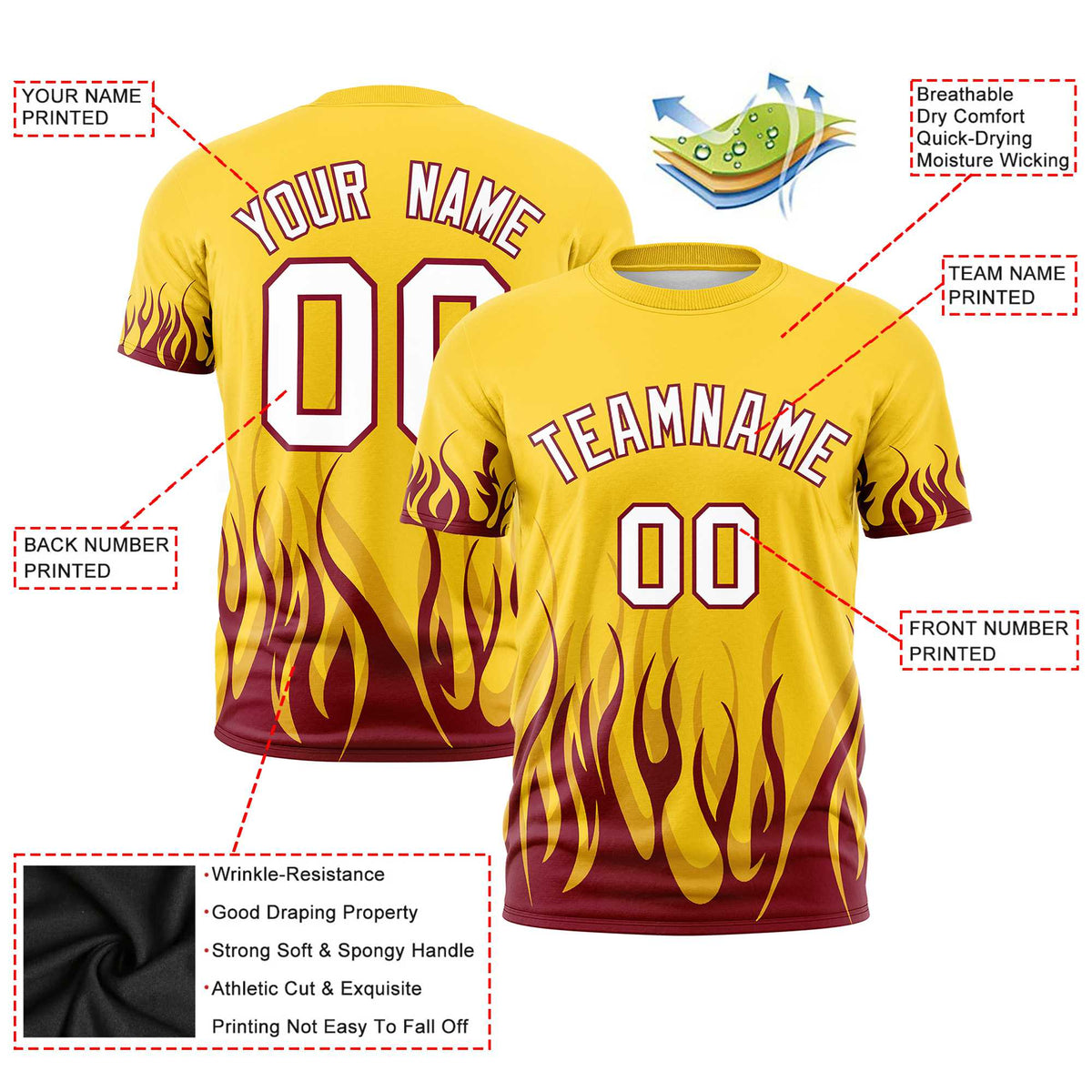 Custom Gold-01 Crimson 3D Pattern Design Flame Performance T-Shirt