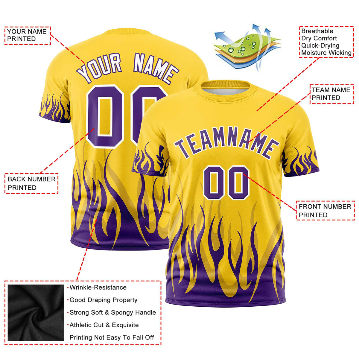 Custom Gold-01 Purple 3D Pattern Design Flame Performance T-Shirt