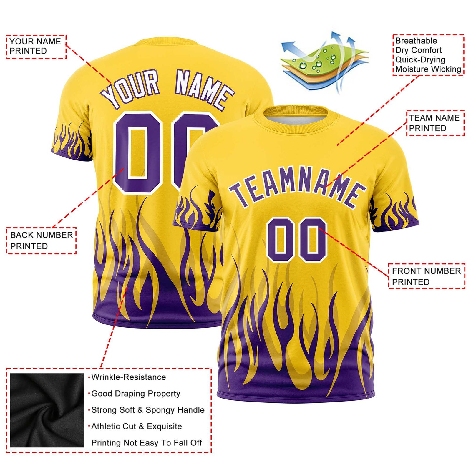 Custom Gold-01 Purple 3D Pattern Design Flame Performance T-Shirt