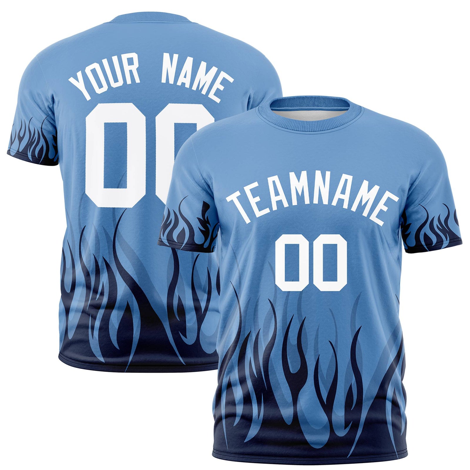 Custom Powder Blue Black 3D Pattern Design Flame Performance T-Shirt