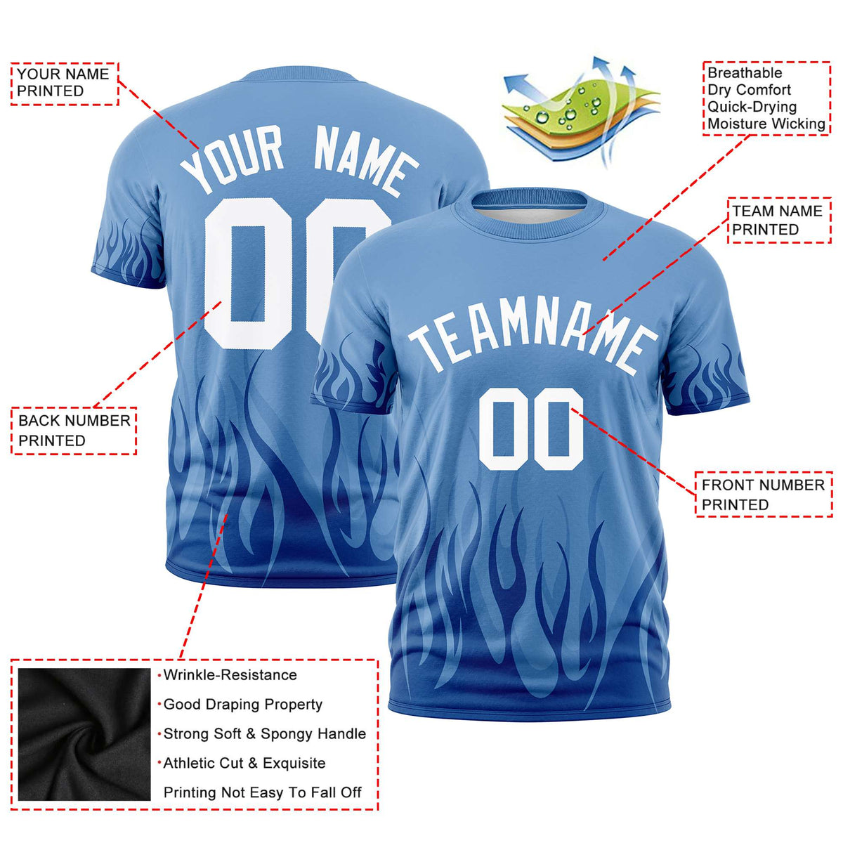 Custom Powder Blue Royal Blue 3D Pattern Design Flame Performance T-Shirt