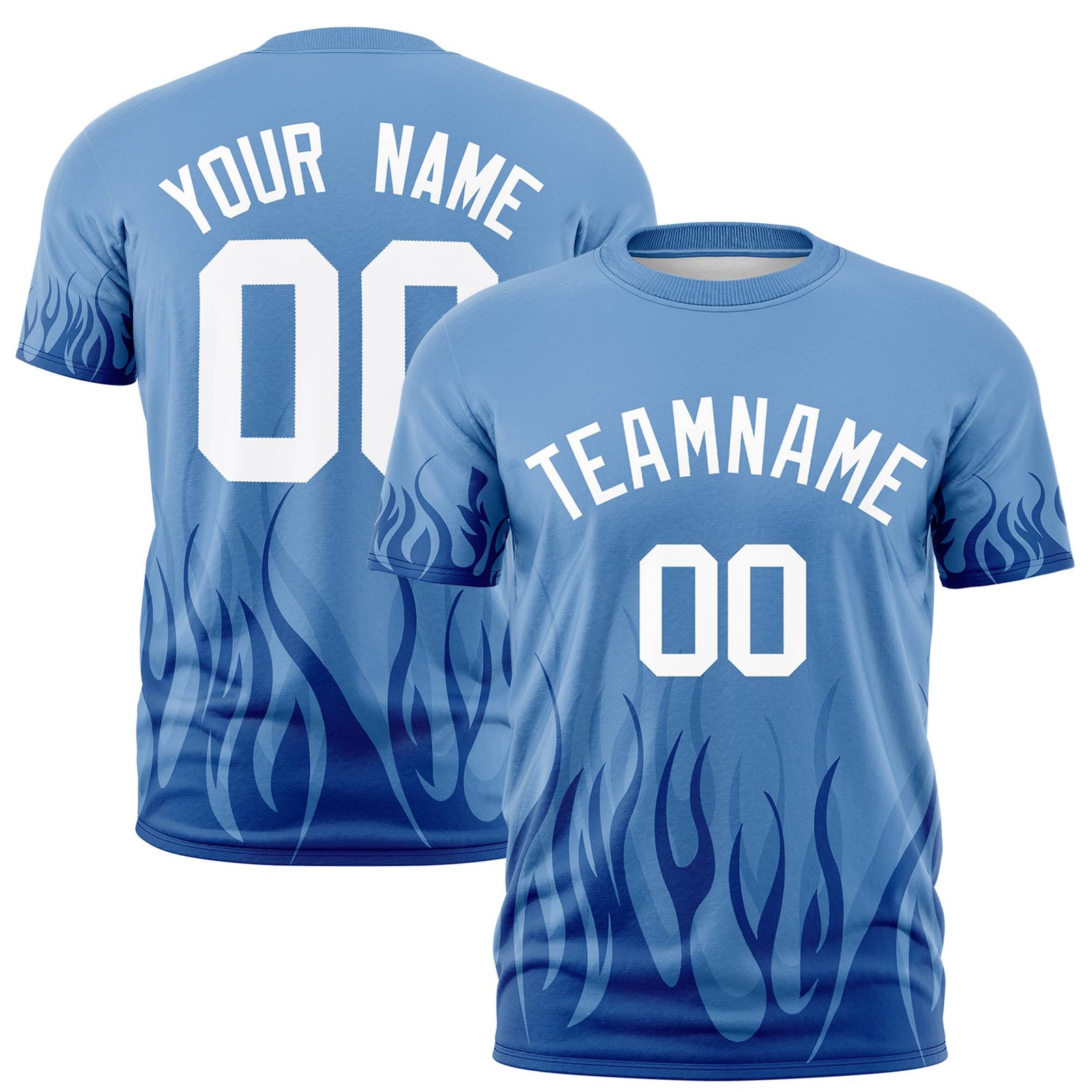 Custom Powder Blue Royal Blue 3D Pattern Design Flame Performance T-Shirt