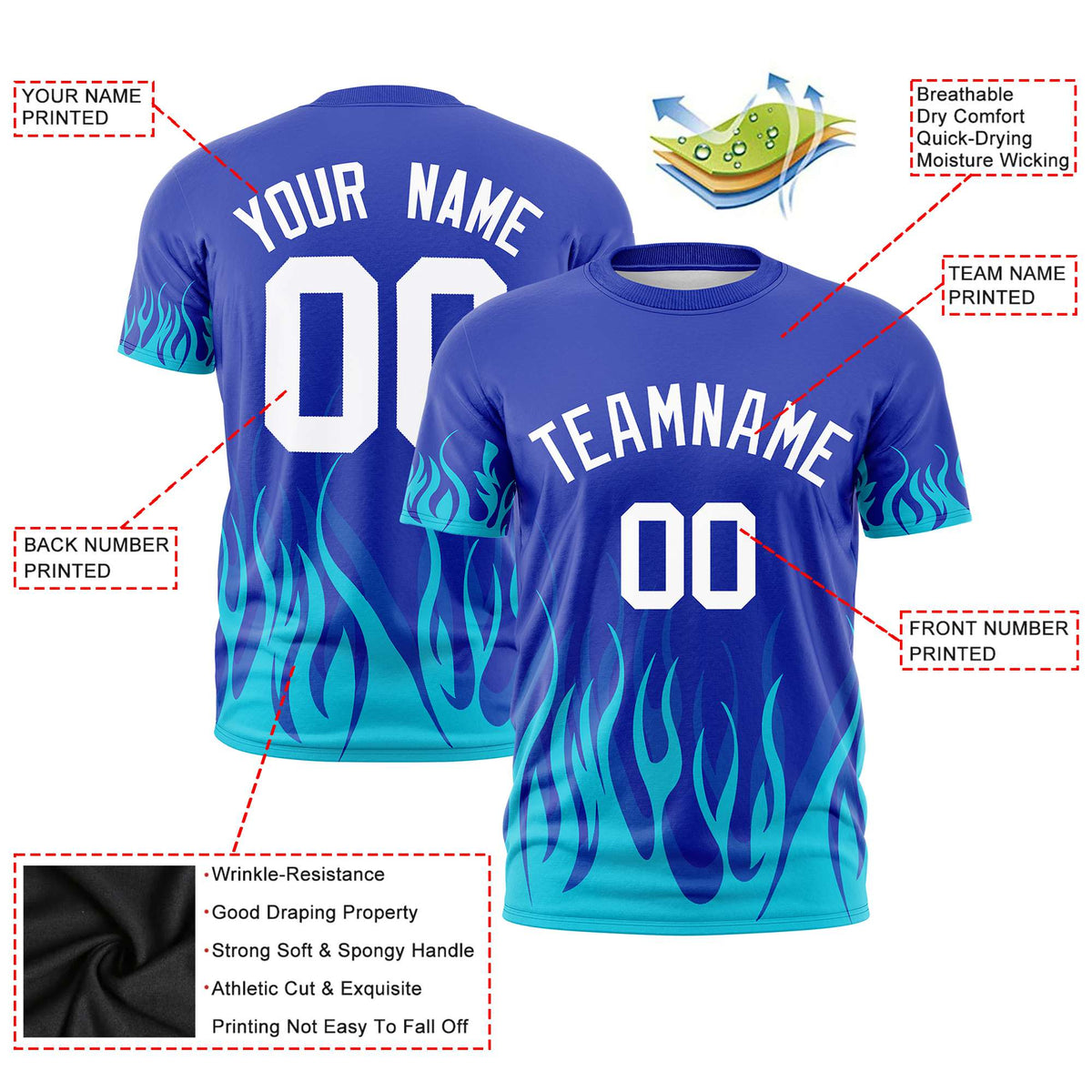 Custom Royal Blue Sky Blue 3D Pattern Design Flame Performance T-Shirt