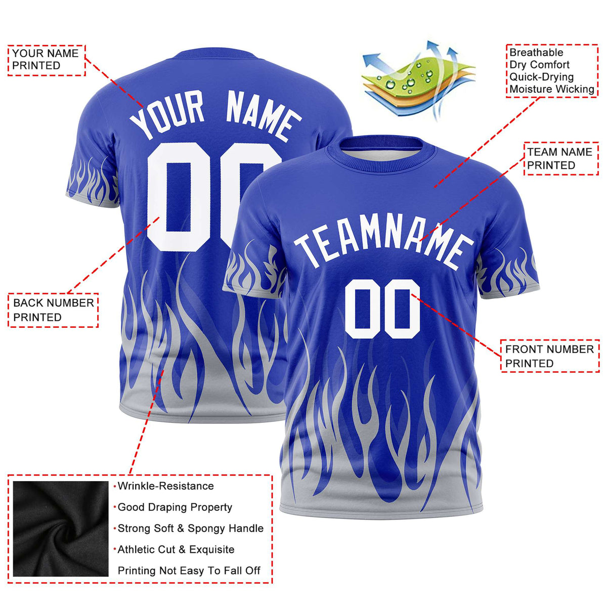 Custom Royal Blue Gray 3D Pattern Design Flame Performance T-Shirt