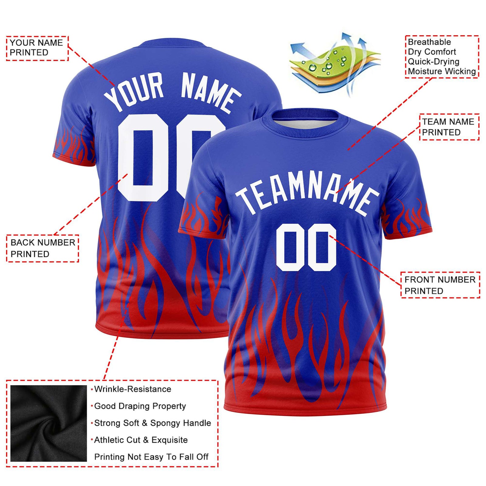 Custom Royal Blue Red 3D Pattern Design Flame Performance T-Shirt