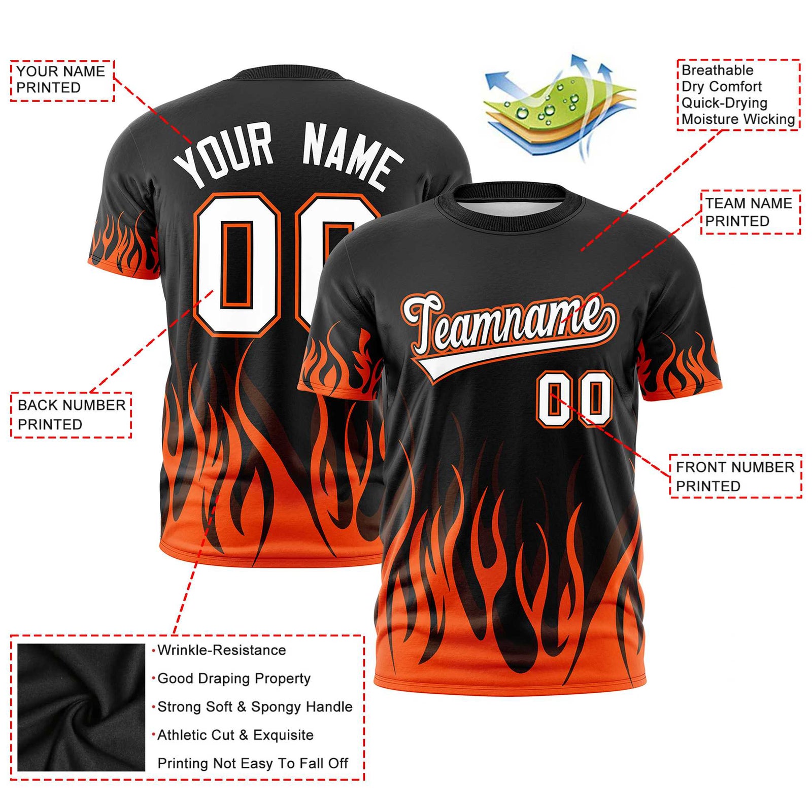 Custom Black Orange 3D Pattern Design Flame Performance T-Shirt