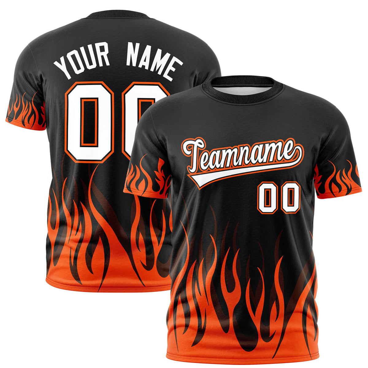 Custom Black Orange 3D Pattern Design Flame Performance T-Shirt