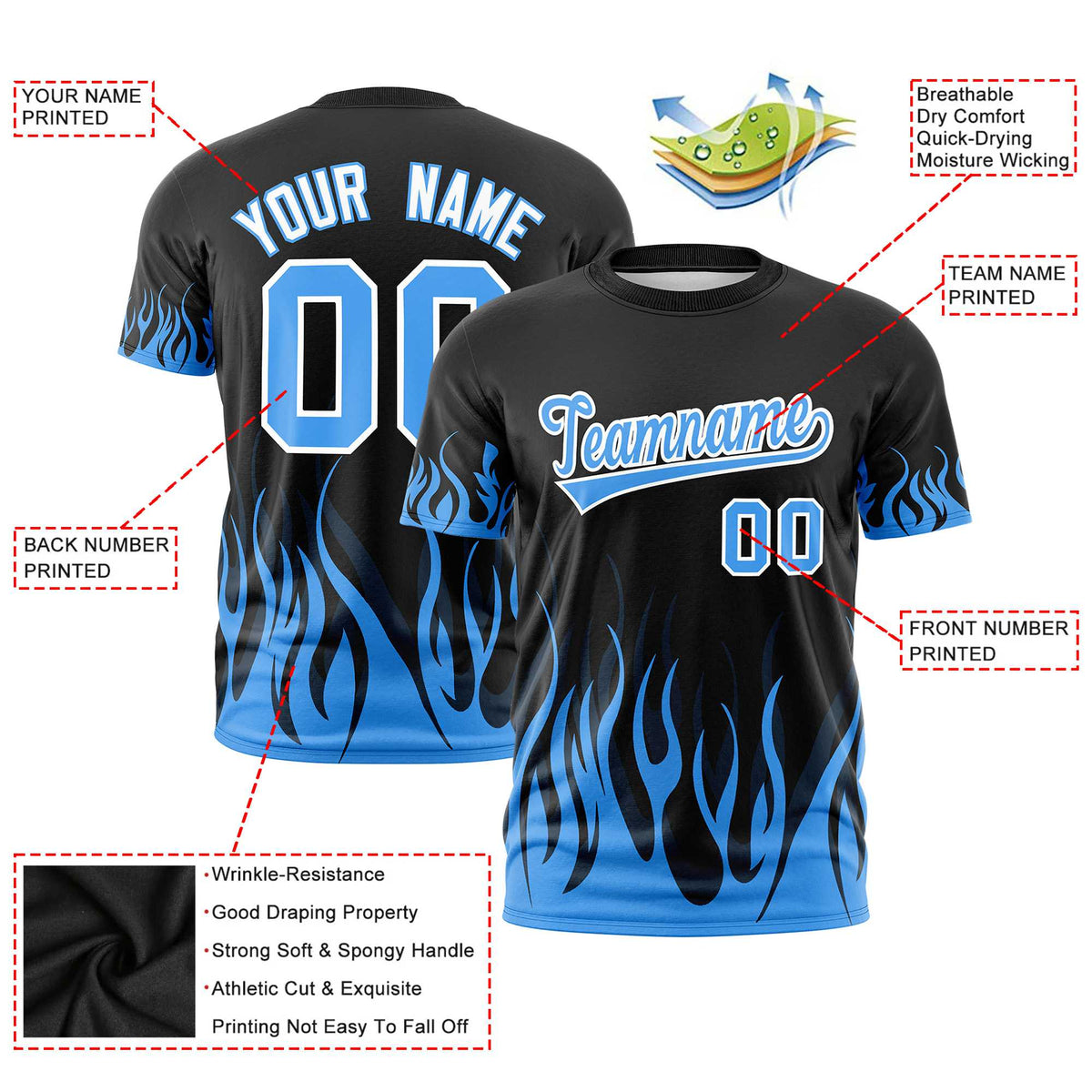 Custom Black Powder Blue 3D Pattern Design Flame Performance T-Shirt