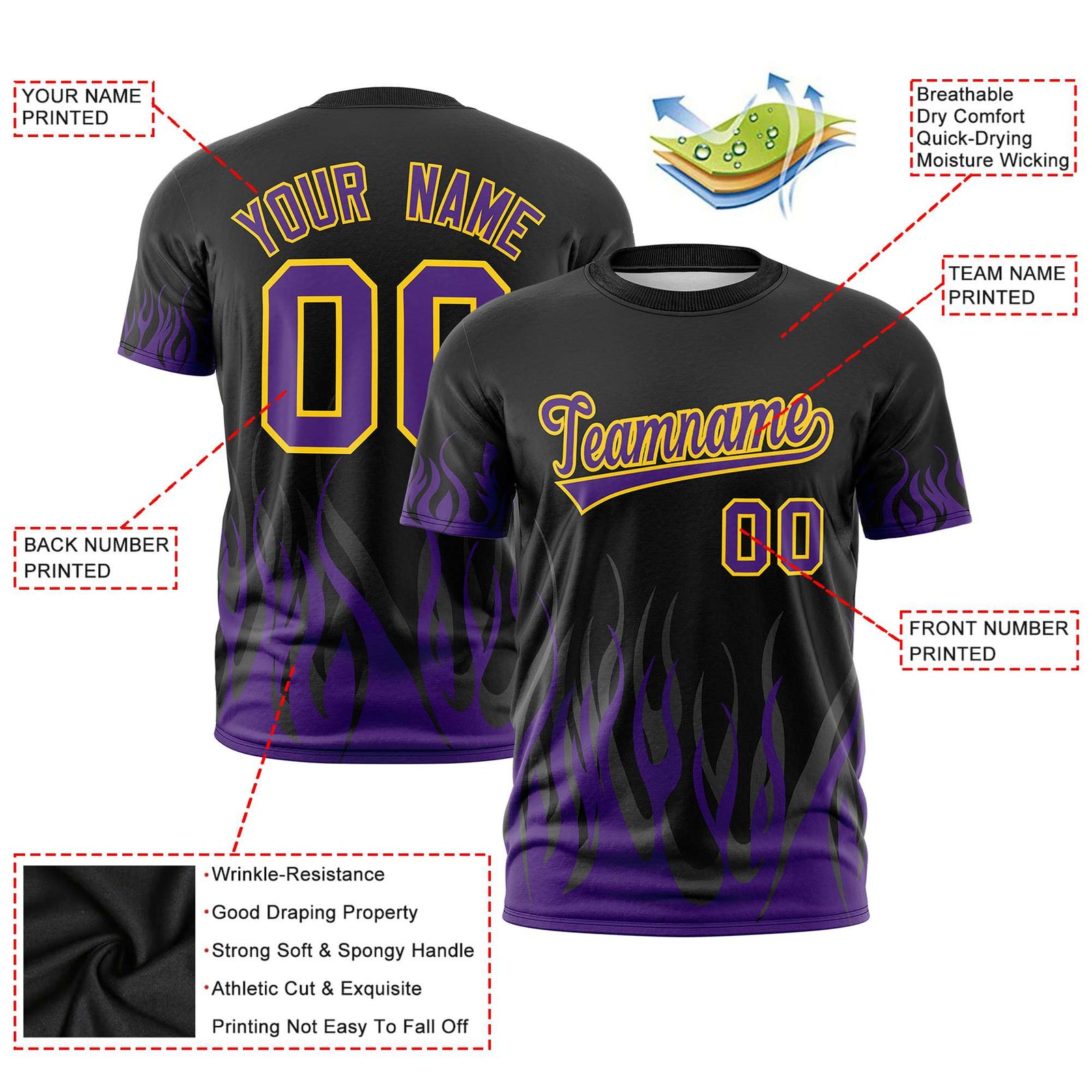Custom Black Purple 3D Pattern Design Flame Performance T-Shirt