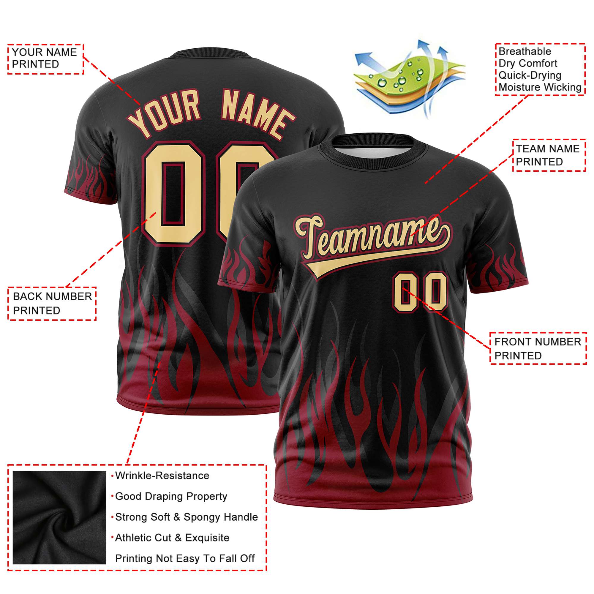 Custom Black Crimson 3D Pattern Design Flame Performance T-Shirt