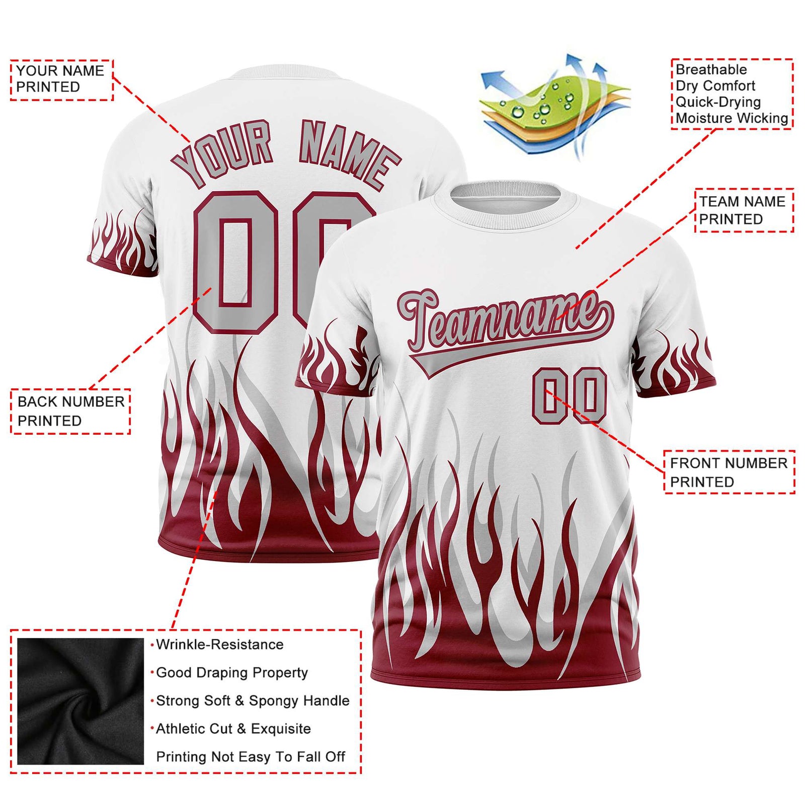 Custom White Crimson 3D Pattern Design Flame Performance T-Shirt