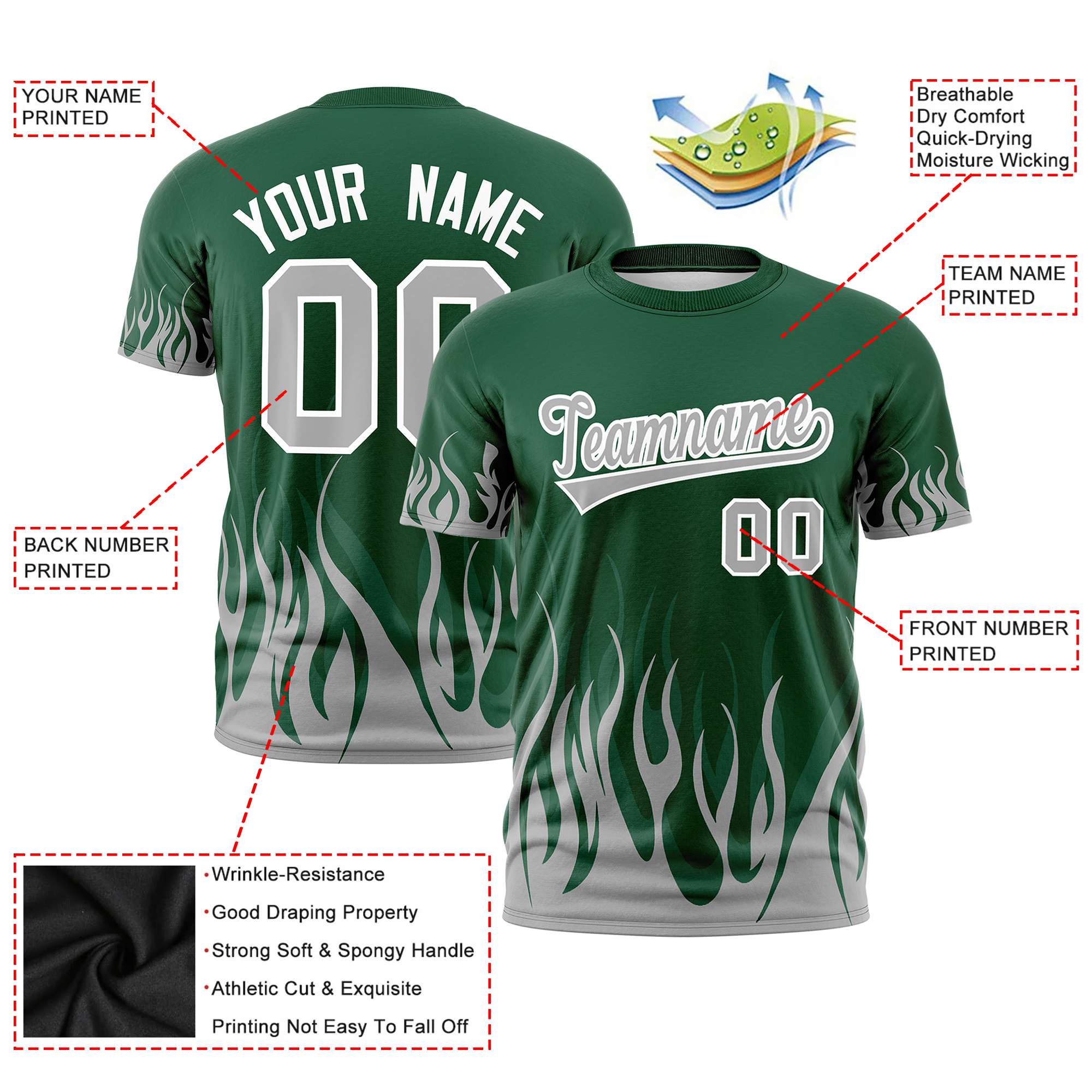 Custom Green Gray 3D Pattern Design Flame Performance T-Shirt