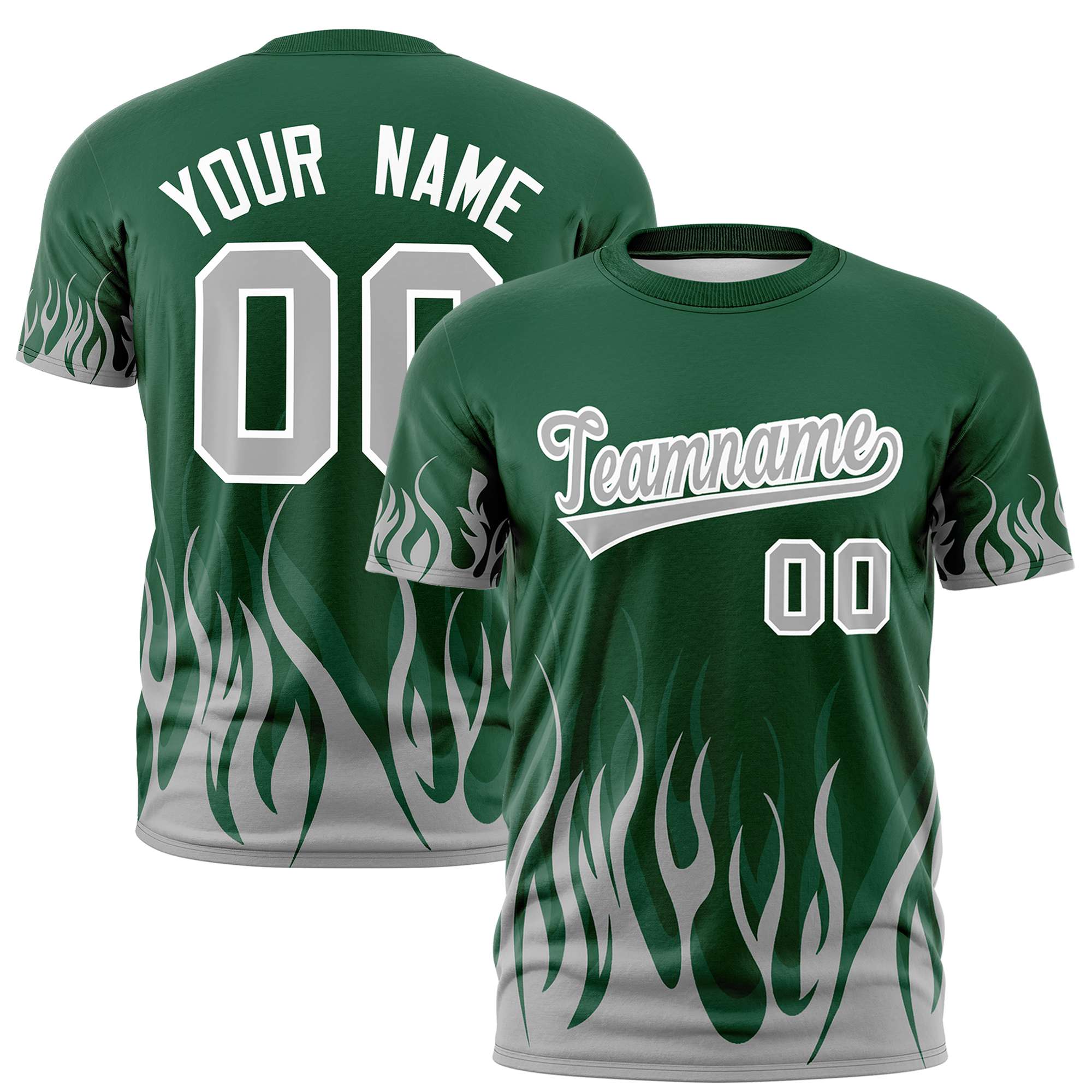 Custom Green Gray 3D Pattern Design Flame Performance T-Shirt