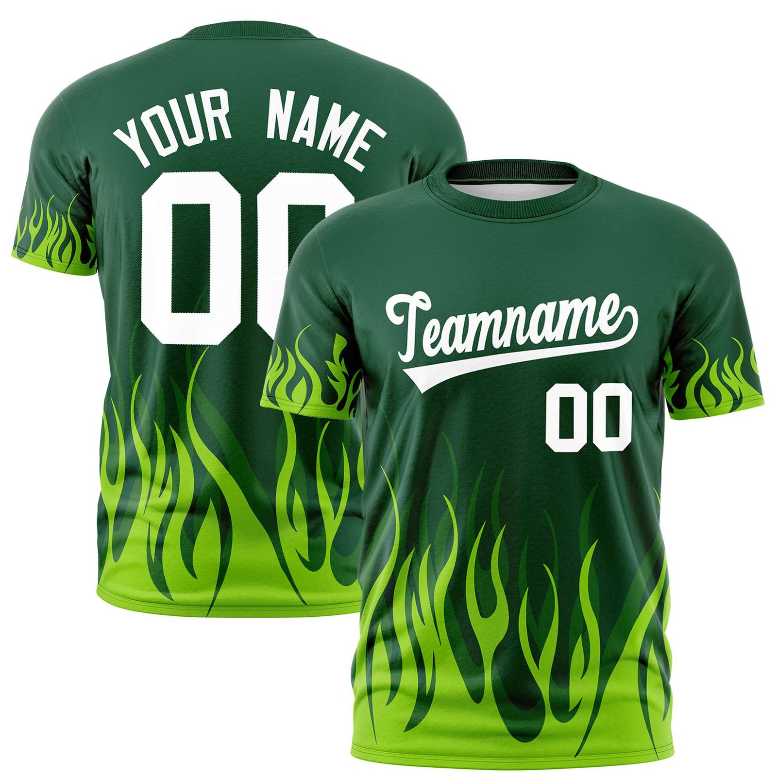 Custom Green Neon Green 3D Pattern Design Flame Performance T-Shirt