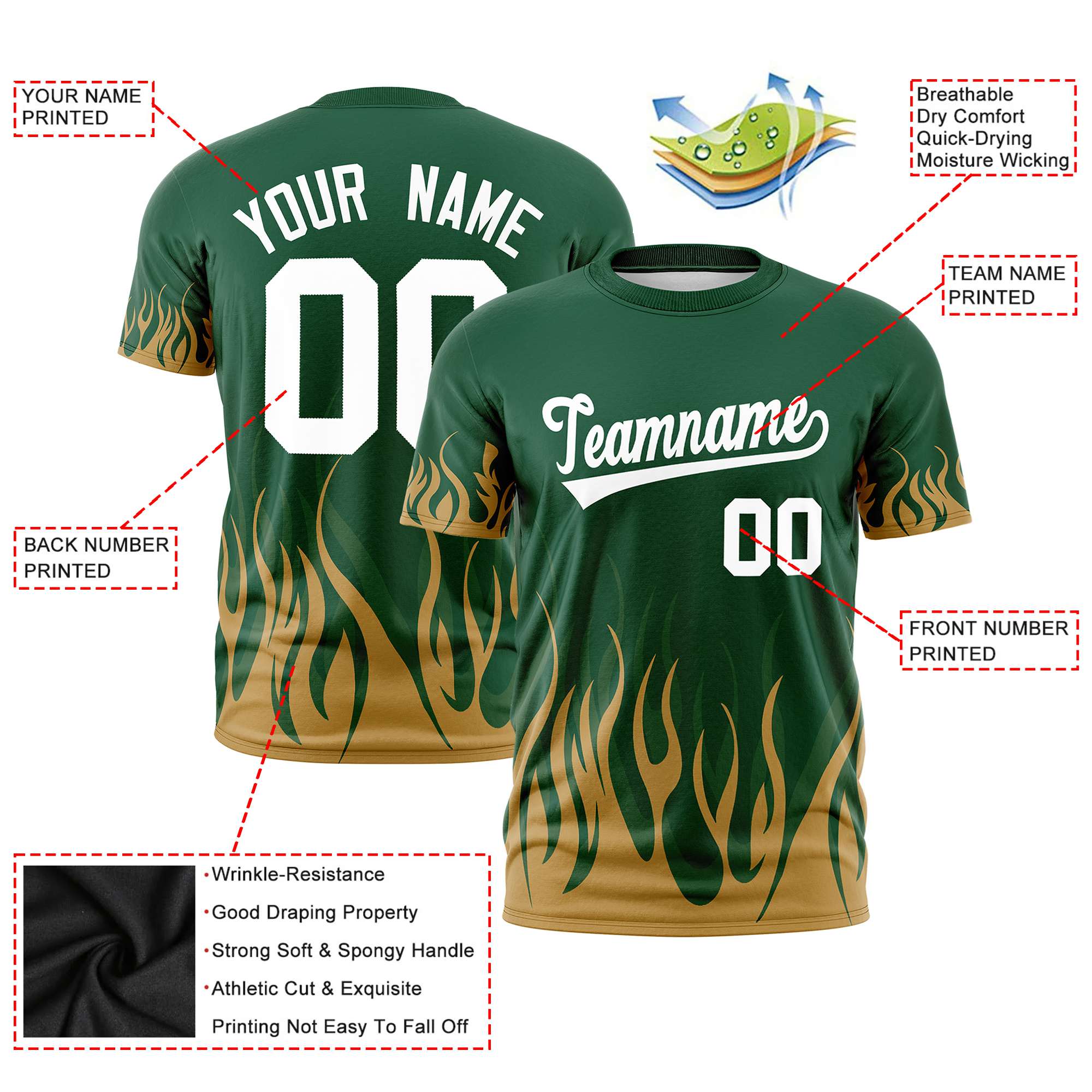 Custom Green Old Gold 3D Pattern Design Flame Performance T-Shirt