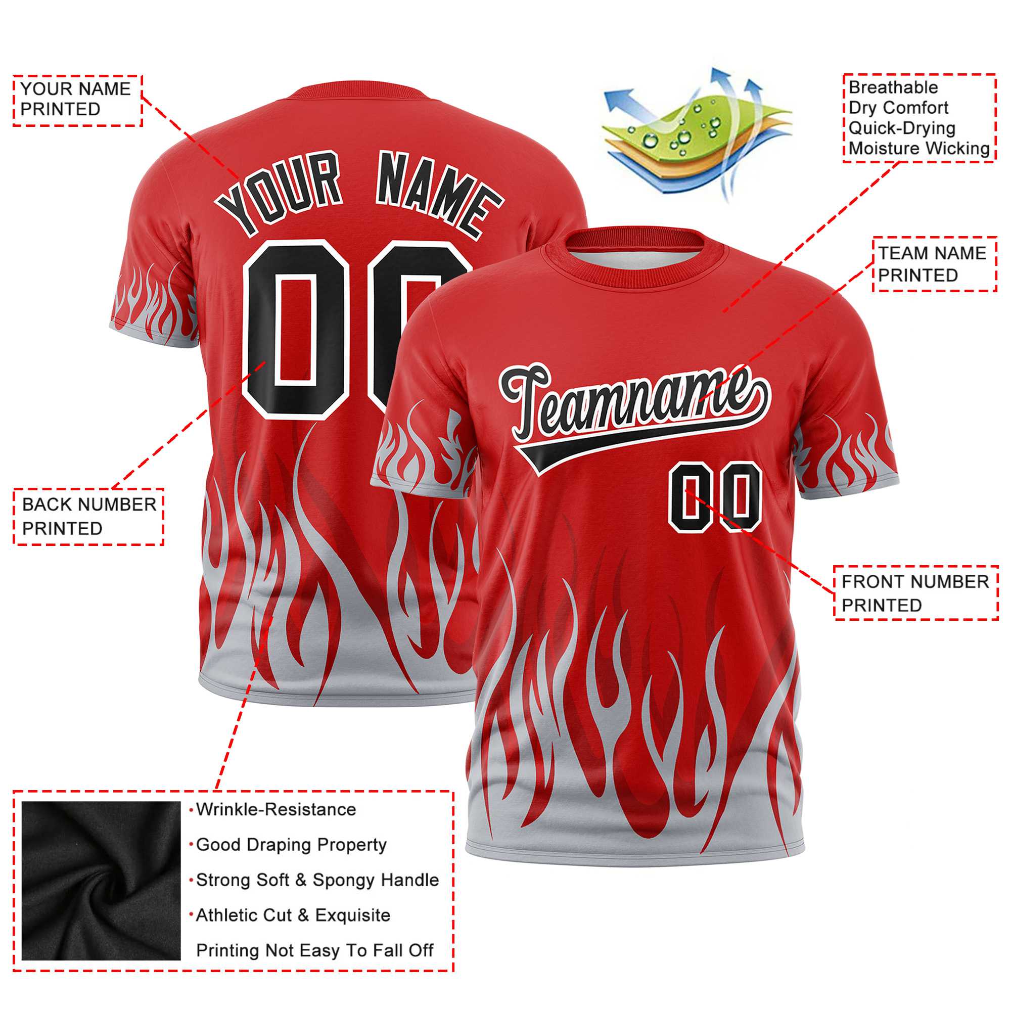 Custom Red Gray 3D Pattern Design Flame Performance T-Shirt