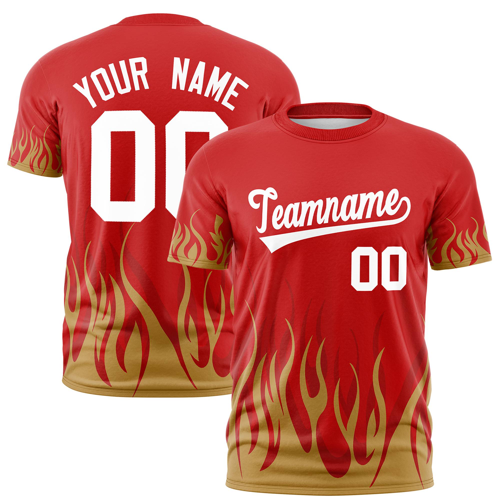 Custom Red Old Gold 3D Pattern Design Flame Performance T-Shirt