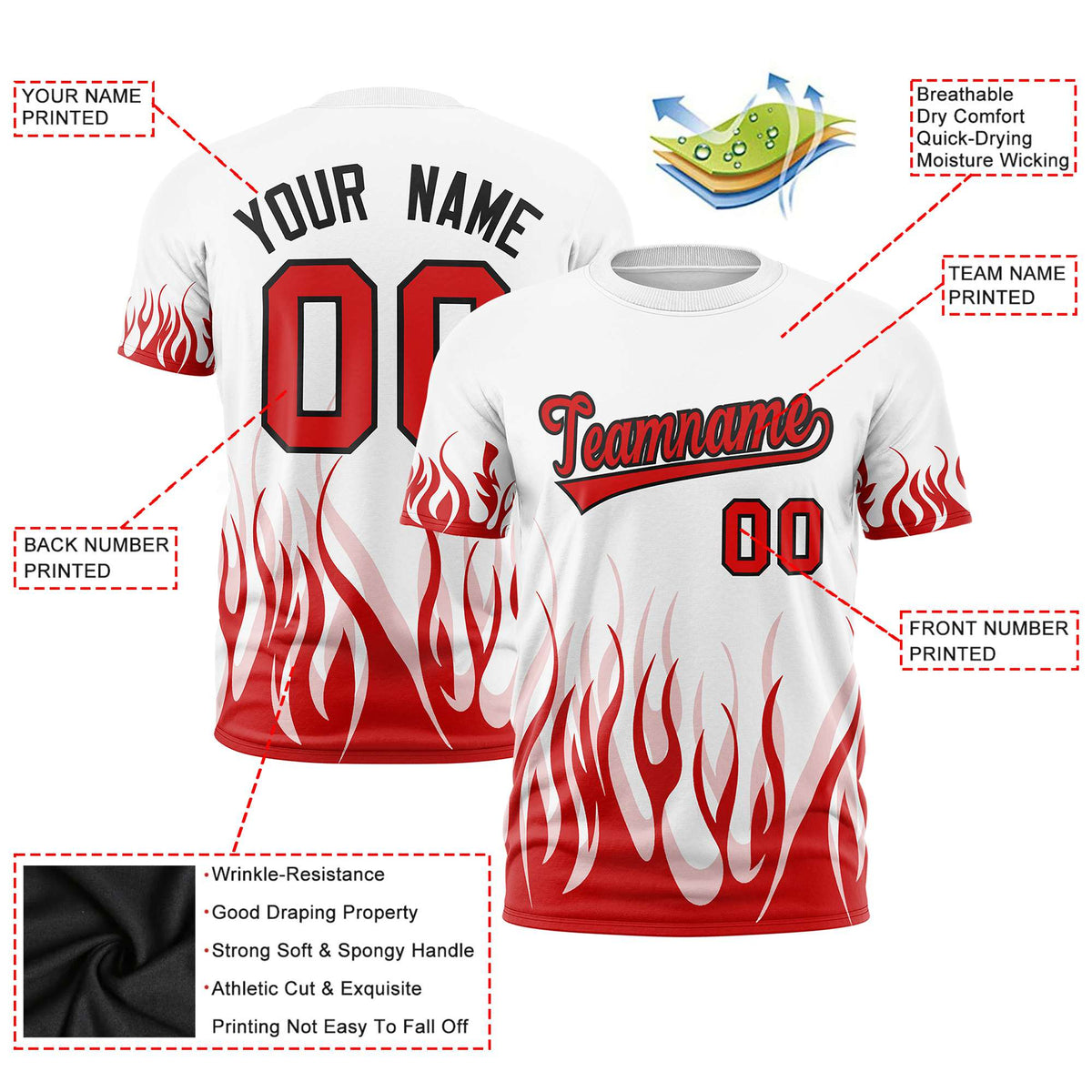 Custom White Red 3D Pattern Design Flame Performance T-Shirt