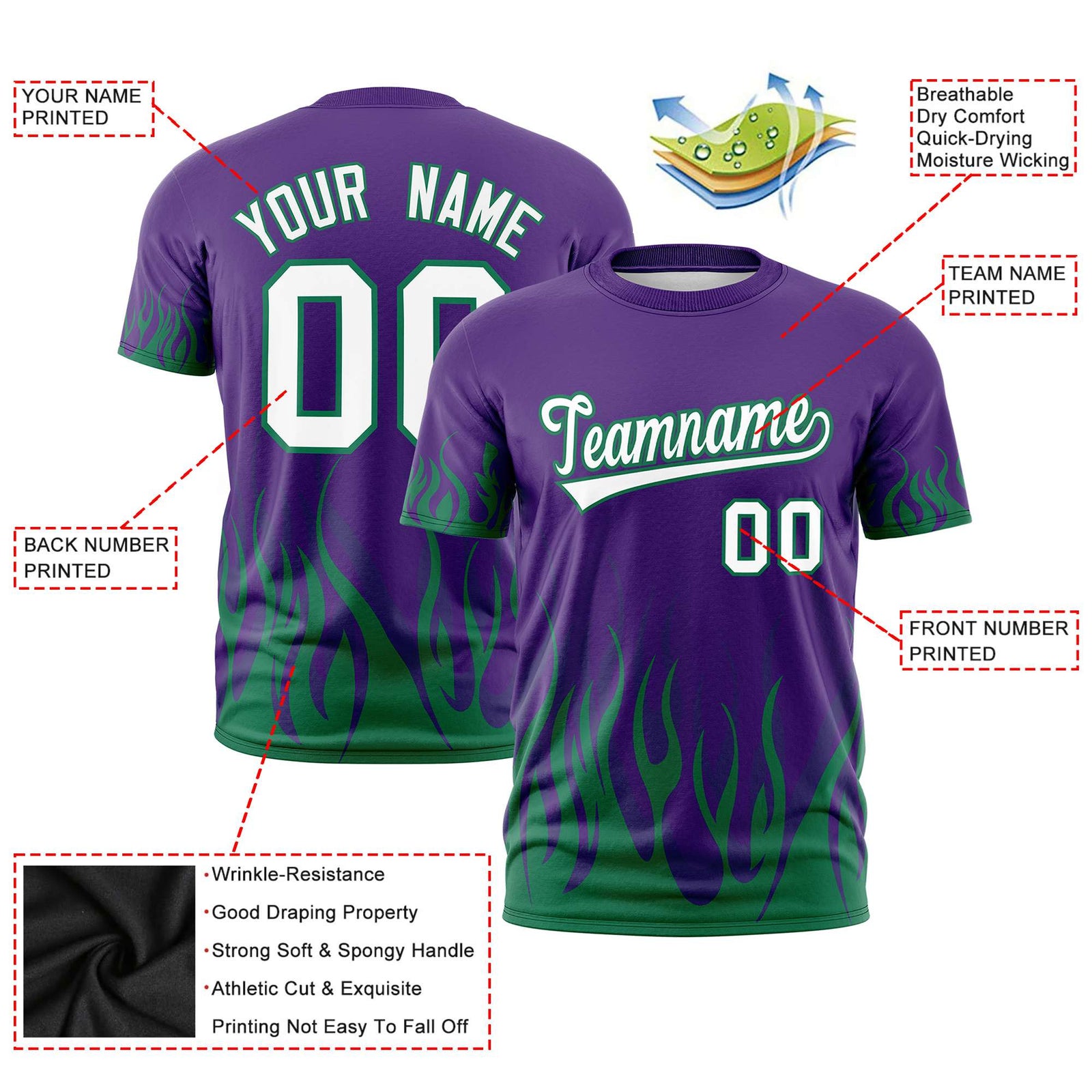 Custom Purple Teal 3D Pattern Design Flame Performance T-Shirt
