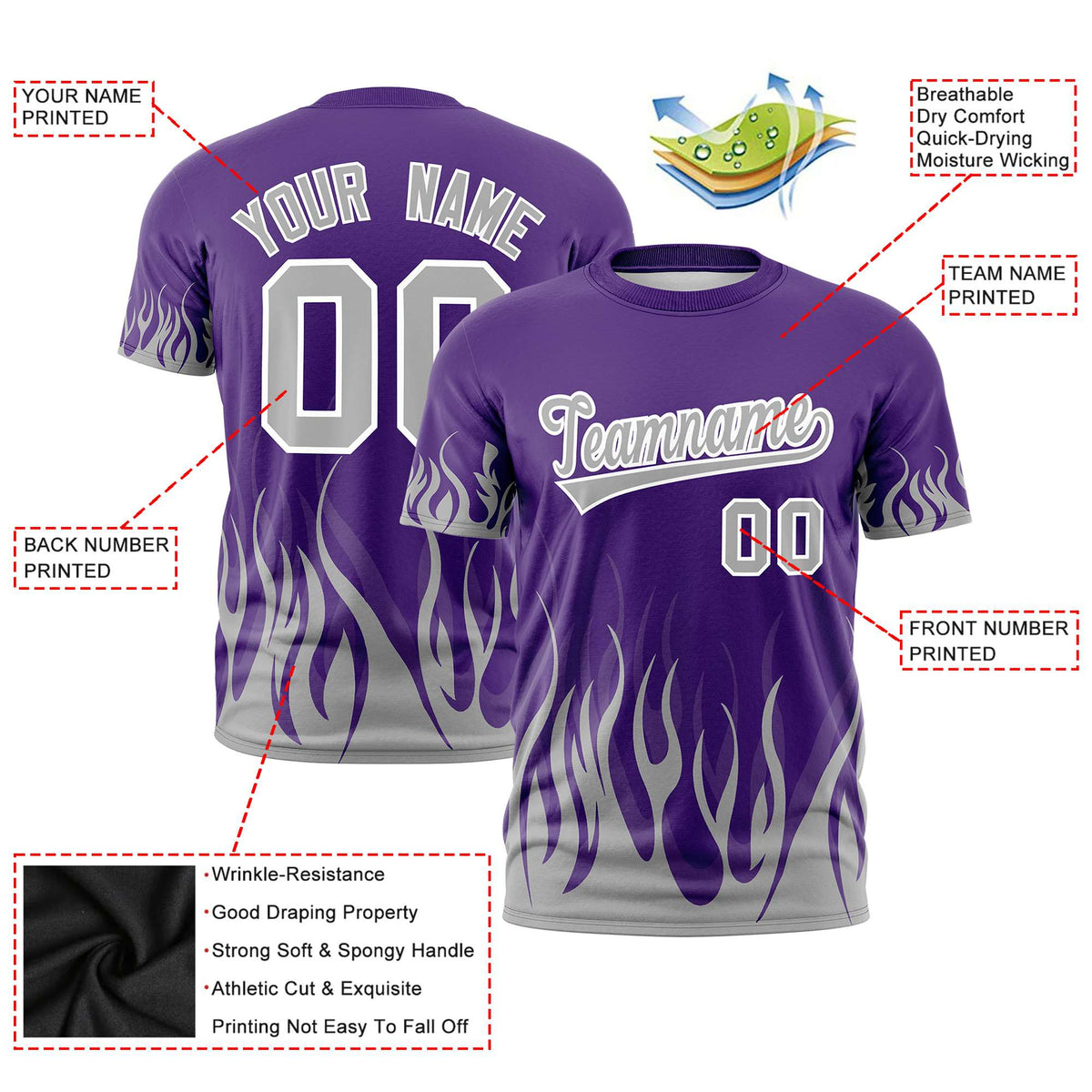 Custom Purple Gray 3D Pattern Design Flame Performance T-Shirt