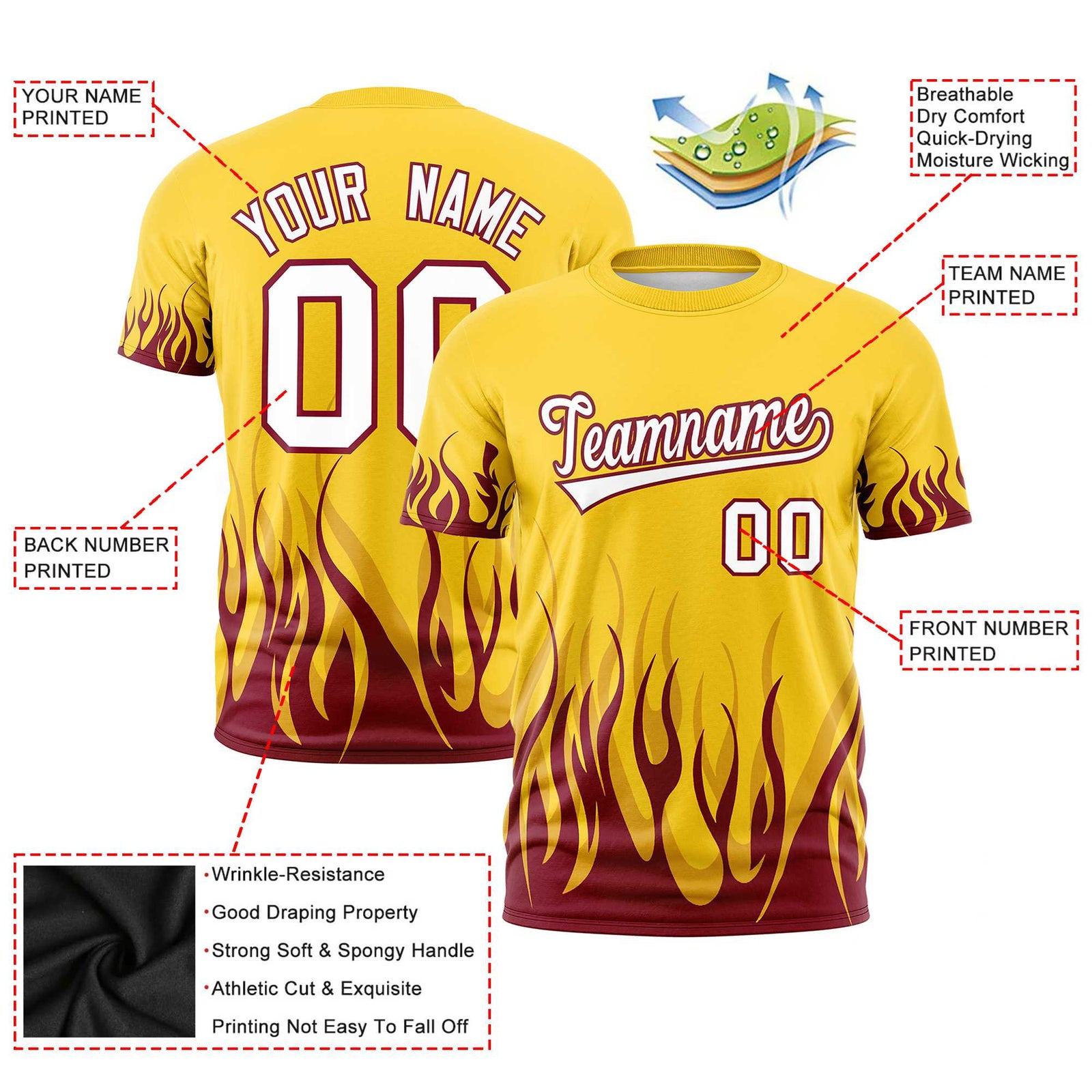 Custom Gold-01 Crimson 3D Pattern Design Flame Performance T-Shirt